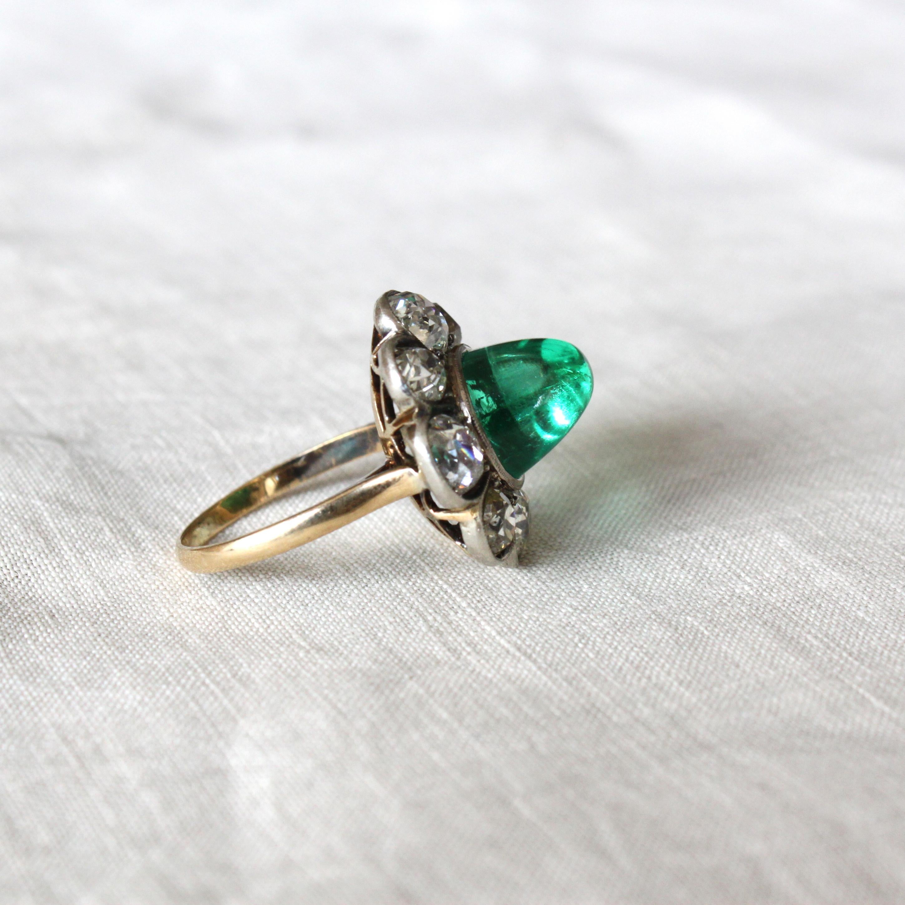 Victorian Colombian High Cabochon Emerald Diamond Flower Petal Ring, circa 1880s 4