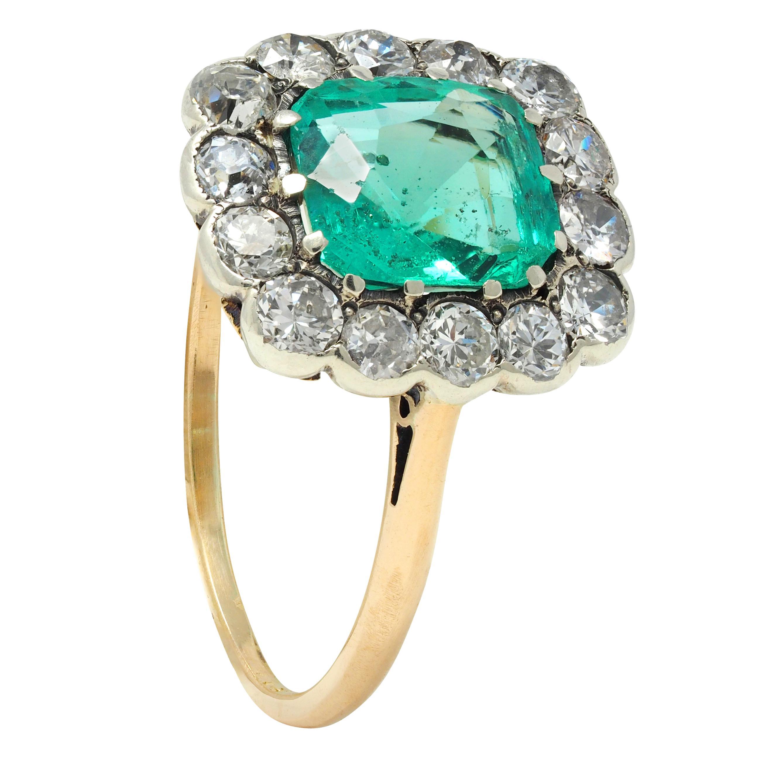 Victorian Colombian No Oil Emerald Diamond 14 Karat Gold Antique Halo Ring GIA For Sale 5