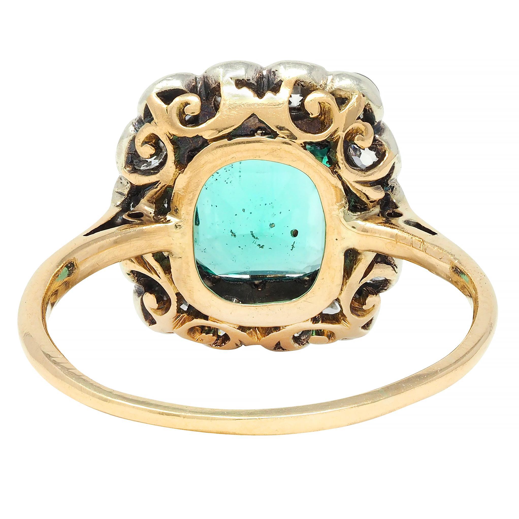 Women's or Men's Victorian Colombian No Oil Emerald Diamond 14 Karat Gold Antique Halo Ring GIA