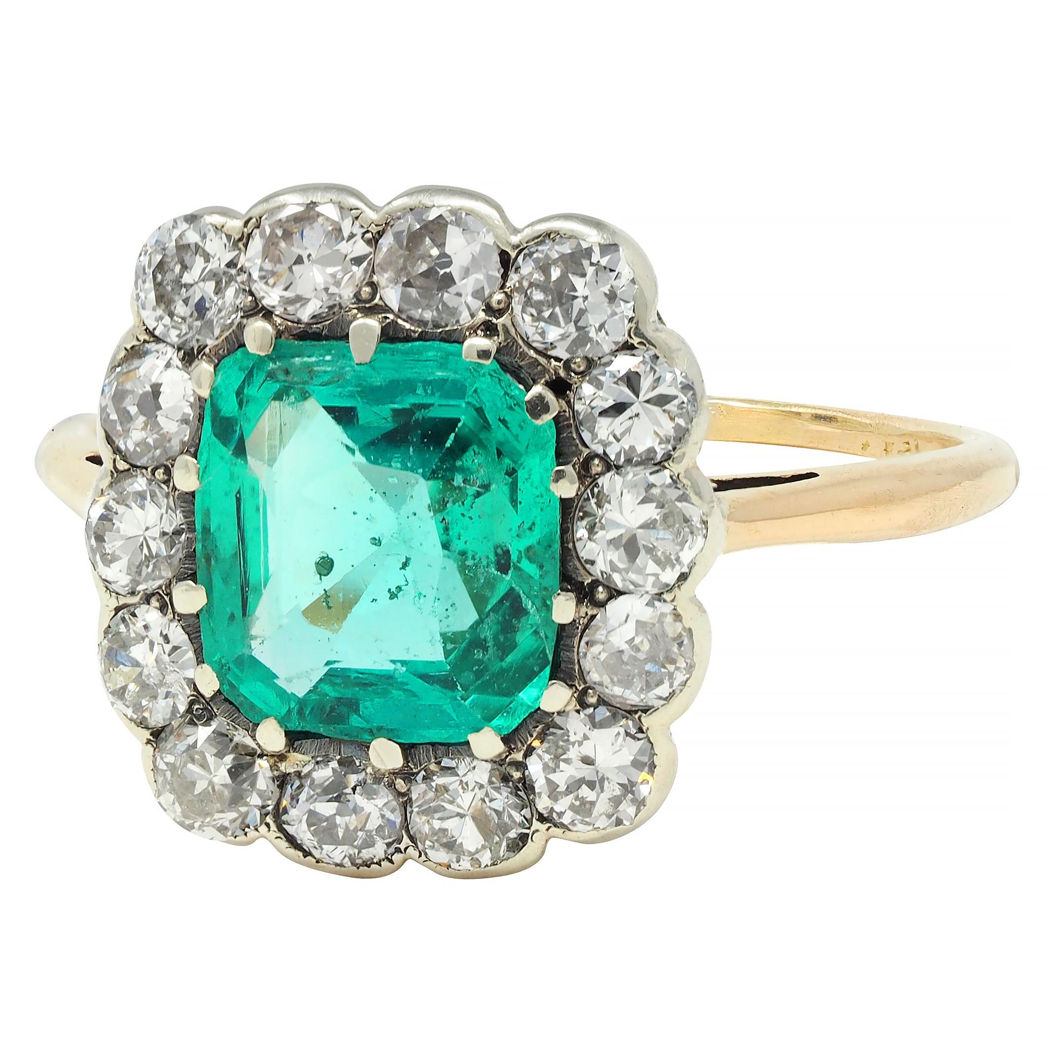 Victorian Colombian No Oil Emerald Diamond 14 Karat Gold Antique Halo Ring GIA For Sale 2