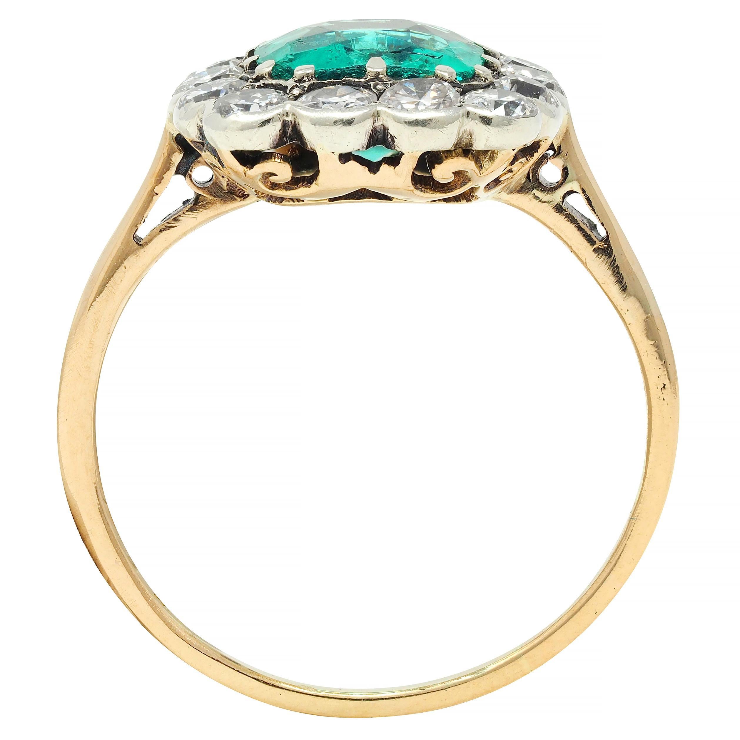 Victorian Colombian No Oil Emerald Diamond 14 Karat Gold Antique Halo Ring GIA For Sale 4