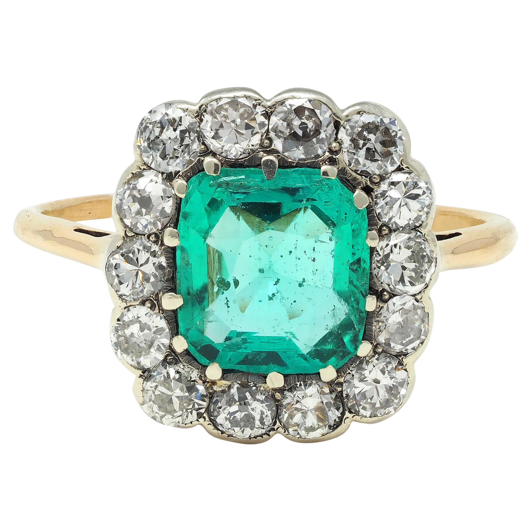 Victorian Colombian No Oil Emerald Diamond 14 Karat Gold Antique Halo Ring GIA For Sale