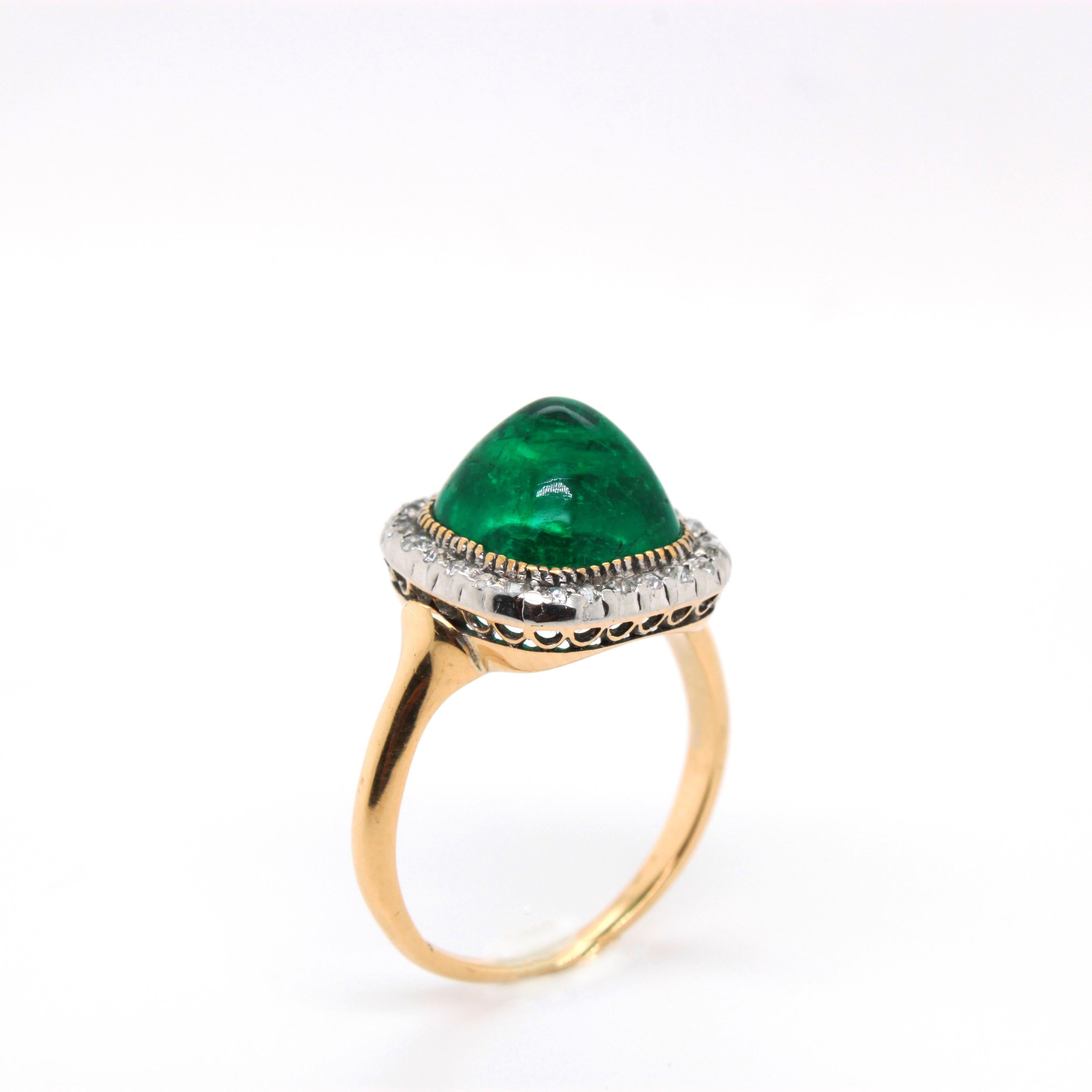 Emerald Cut Victorian Colombian Sugarloaf Emerald and Diamond Ring, circa 1890s