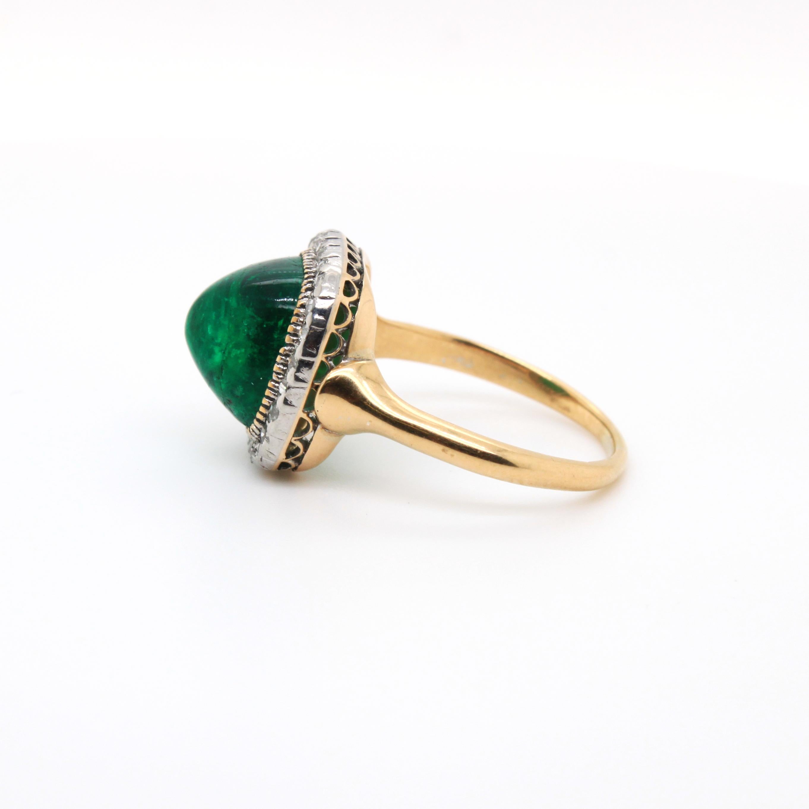Women's Victorian Colombian Sugarloaf Emerald and Diamond Ring, circa 1890s