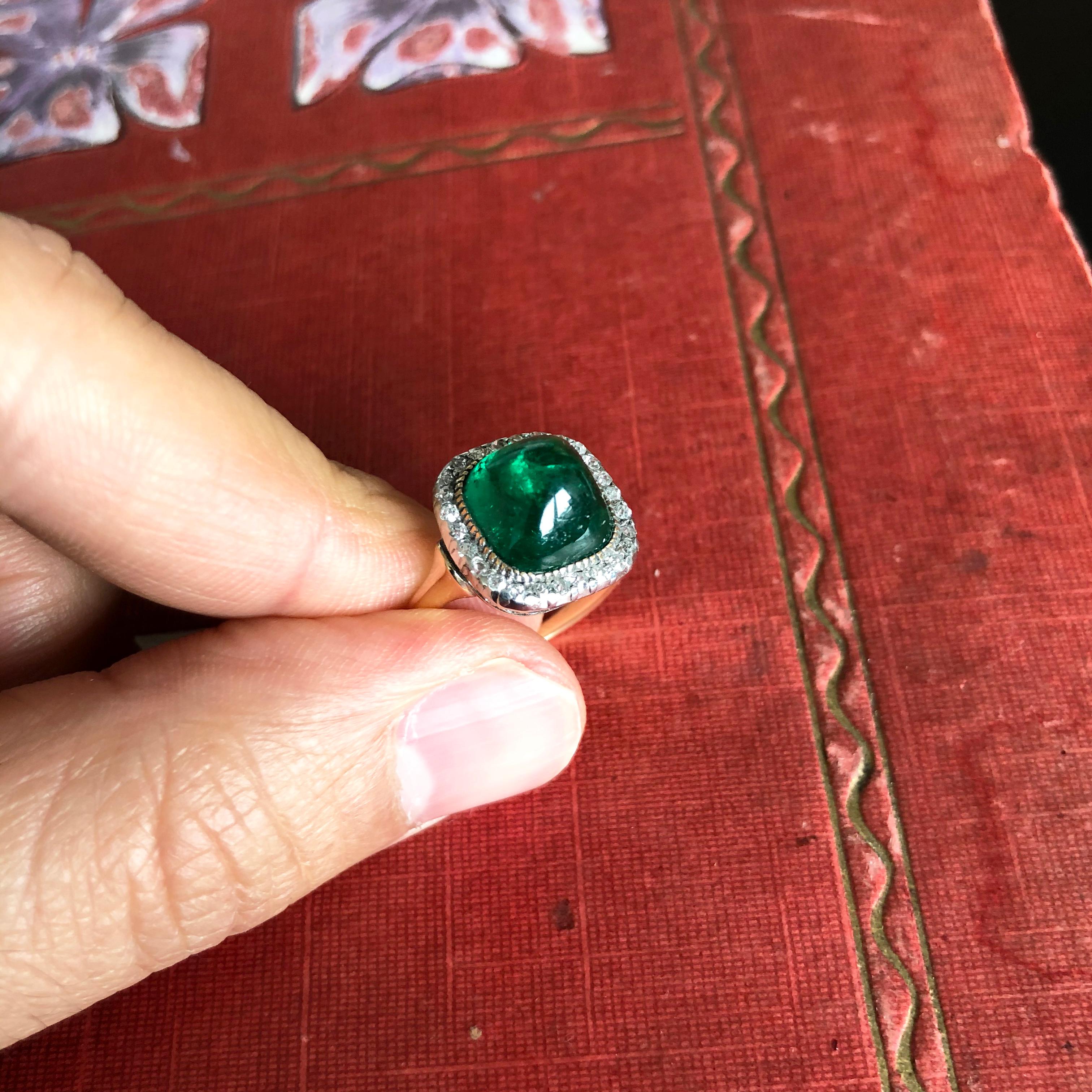 Victorian Colombian Sugarloaf Emerald and Diamond Ring, circa 1890s 4