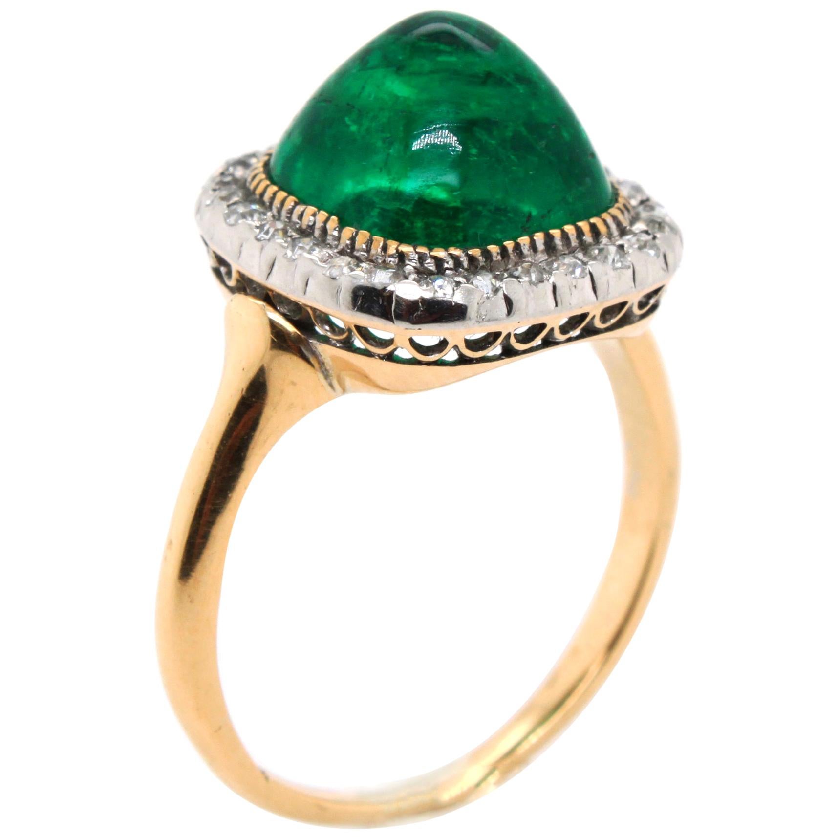 Victorian Colombian Sugarloaf Emerald and Diamond Ring, circa 1890s