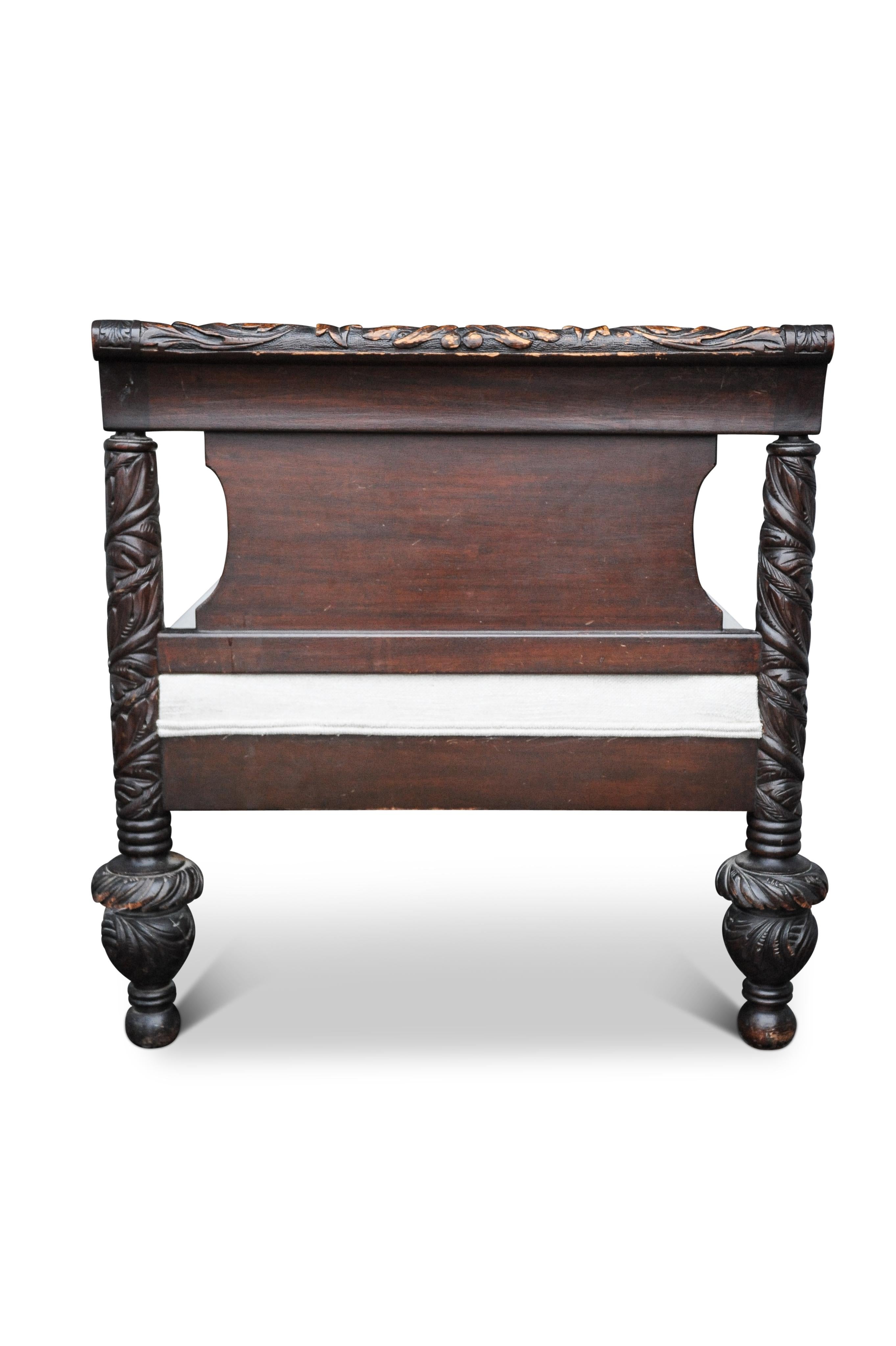 Indian Victorian Colonial Hardwood Carved Frame Daybed with Taupe Upholstery, 1800s For Sale