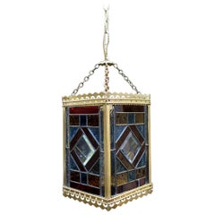 Victorian Colored Glass and Brass Hall Lantern