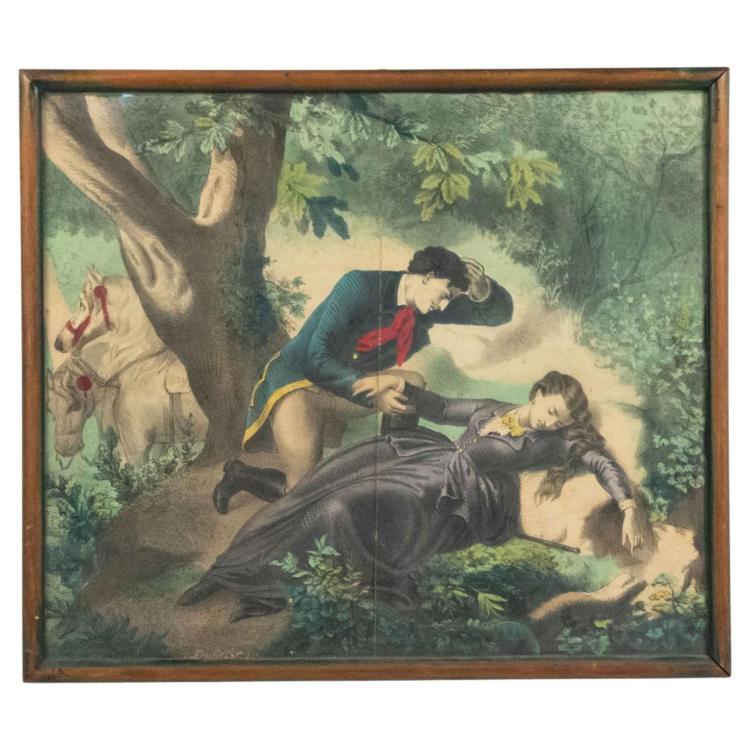 Victorian Colored Lithograph of Figures and Horses