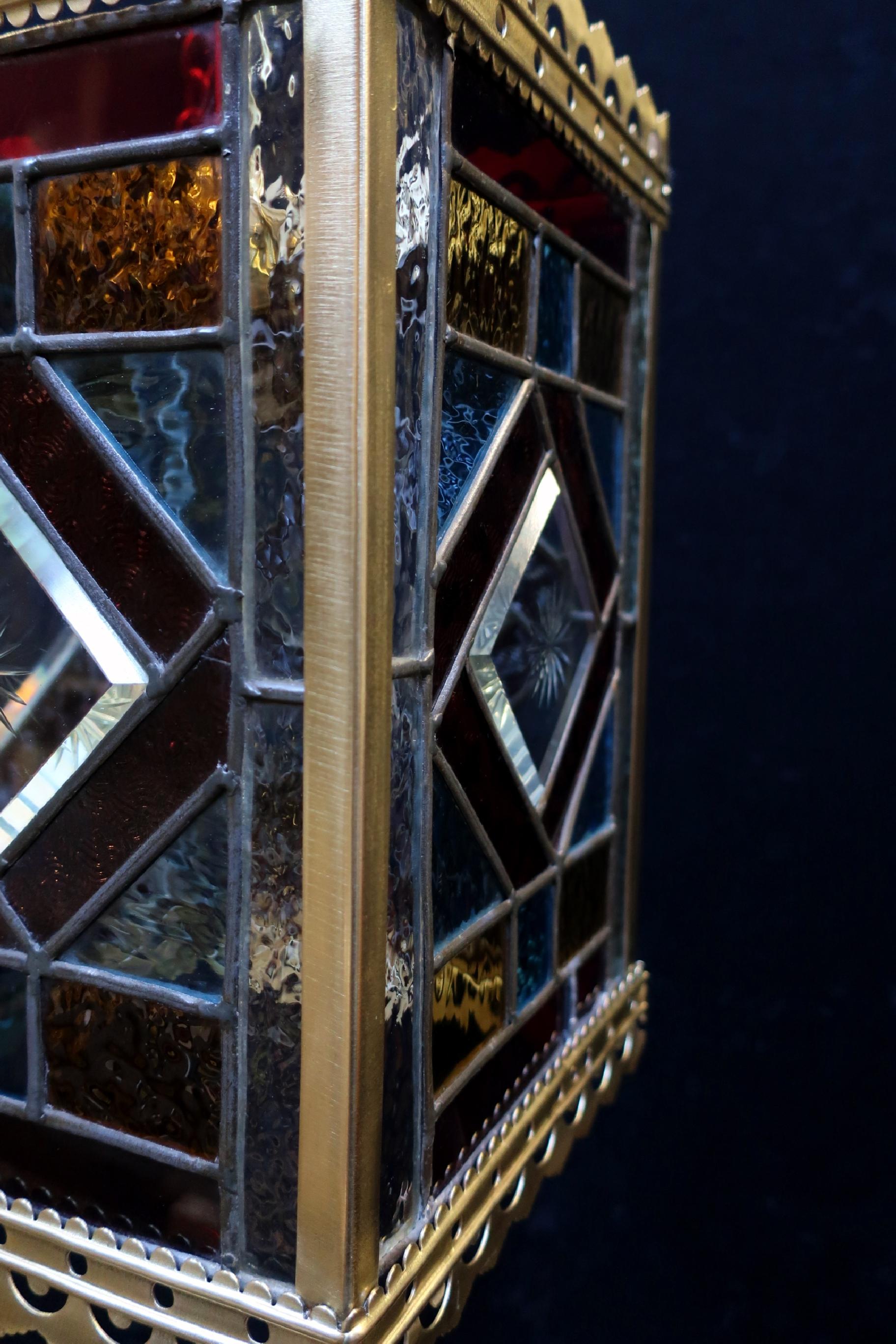 English Victorian Colored Glass and Brass Hall Lantern