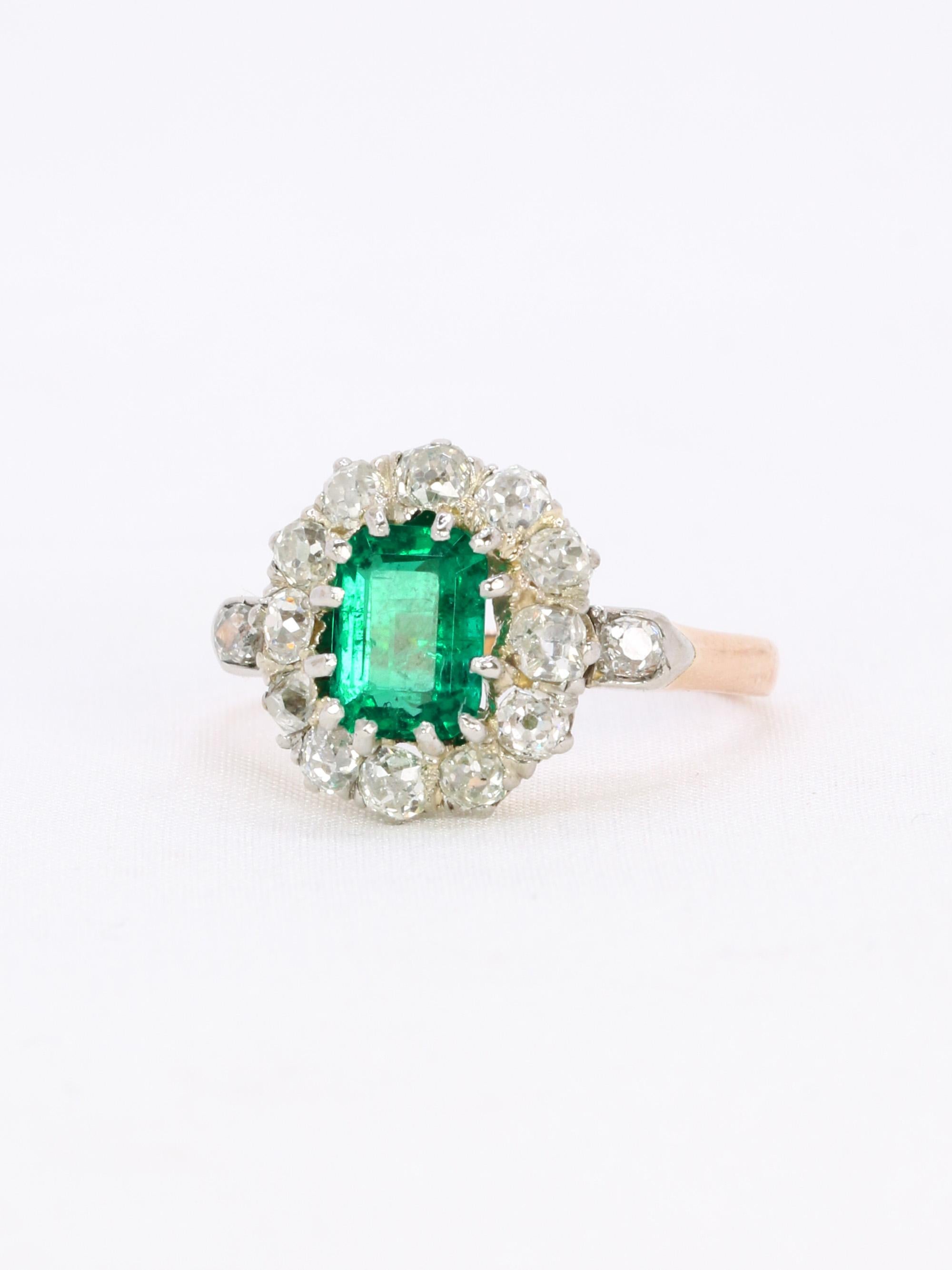 Emerald Cut Victorian Columbian Emerald and Diamonds Cluster Ring For Sale
