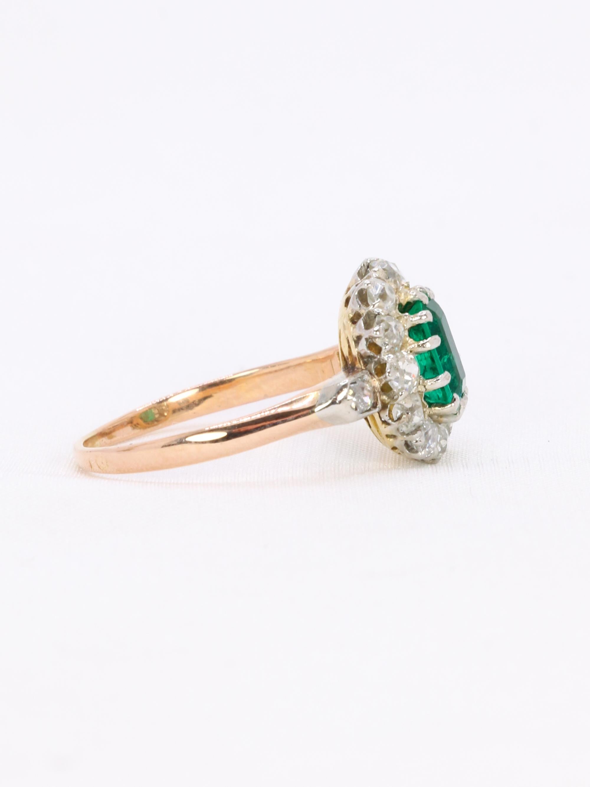 Victorian Columbian Emerald and Diamonds Cluster Ring For Sale 2