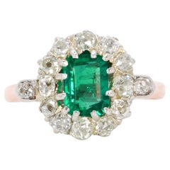 Victorian Columbian Emerald and Diamonds Cluster Ring