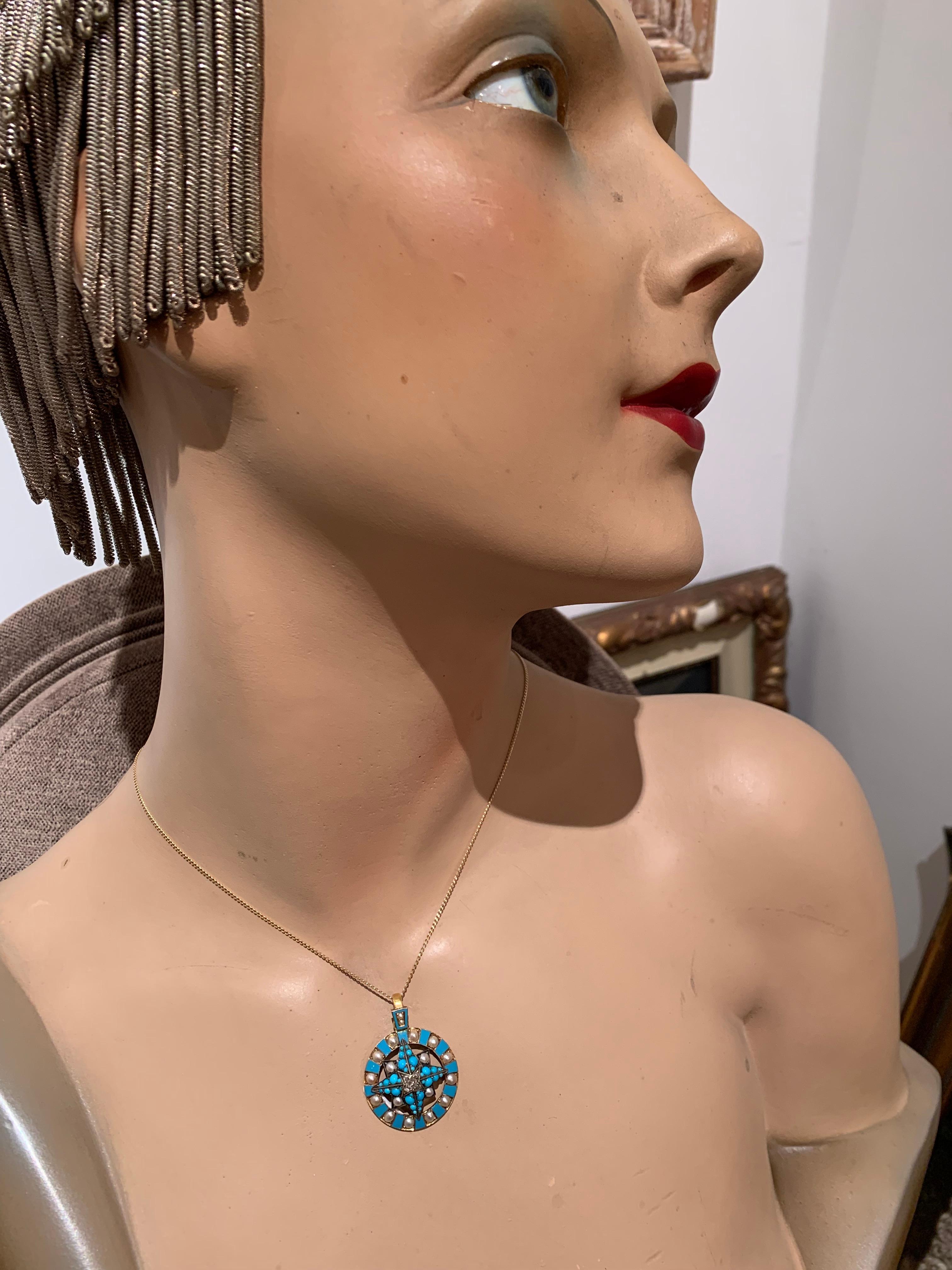 Bussola Vittoriana Rosa dei Venti Diamante Oro 15k Perla Orientale Turchese Cabochon in vendita 2