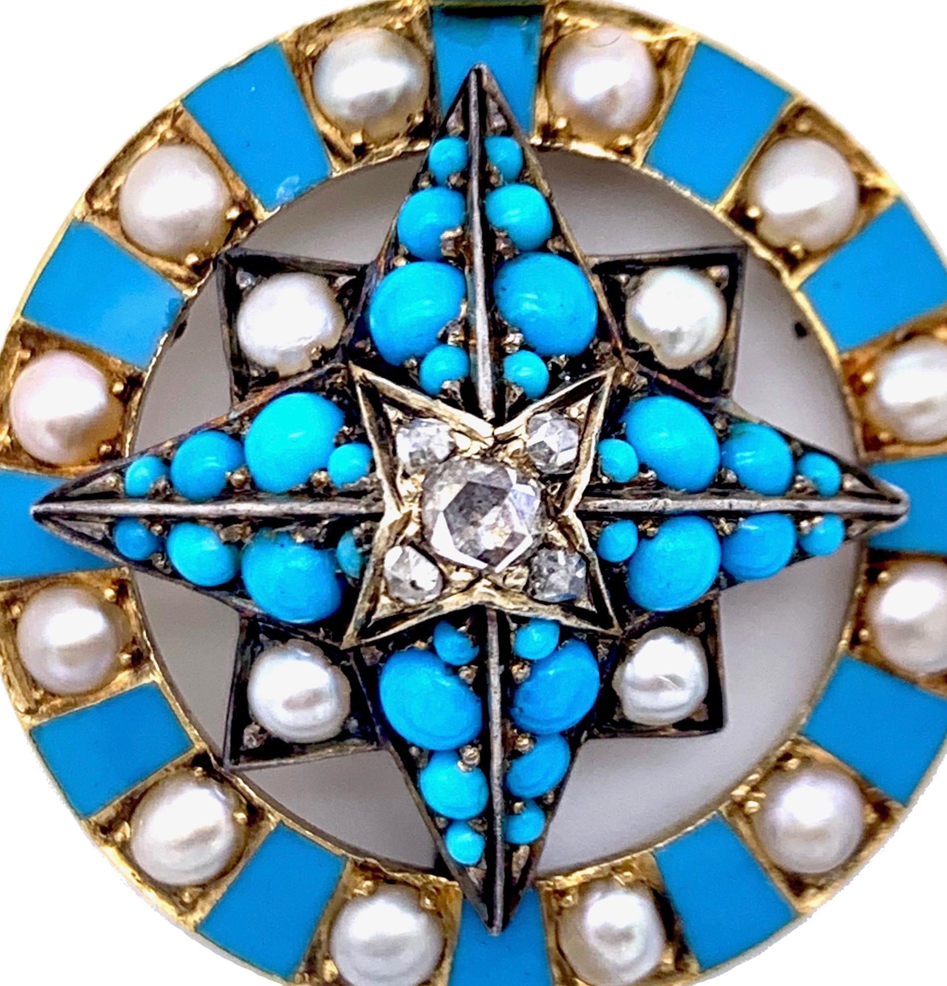 The beautiful pendant ,designed as a compass rose, also called Stella Maris, ist set with an Amsterdam rose diamond, surrounded by four smaller diamonds. Twelve oriental pearls alternate with twelve turquoise blue enamelled segments. The centre star