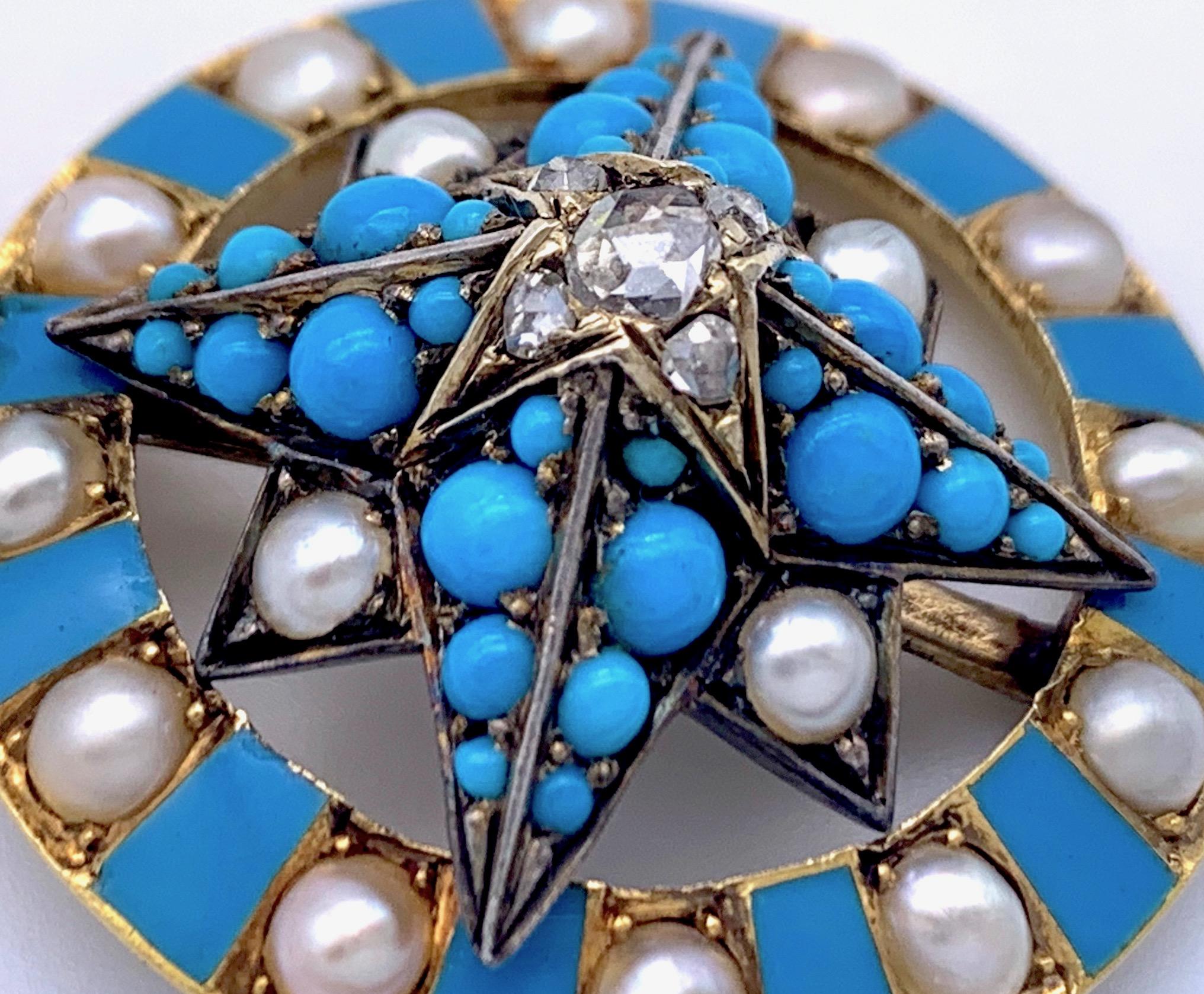 Victorian Compass Windrose Diamond 15k Gold Oriental Pearl Turquoise Cabochon In Good Condition For Sale In Munich, Bavaria