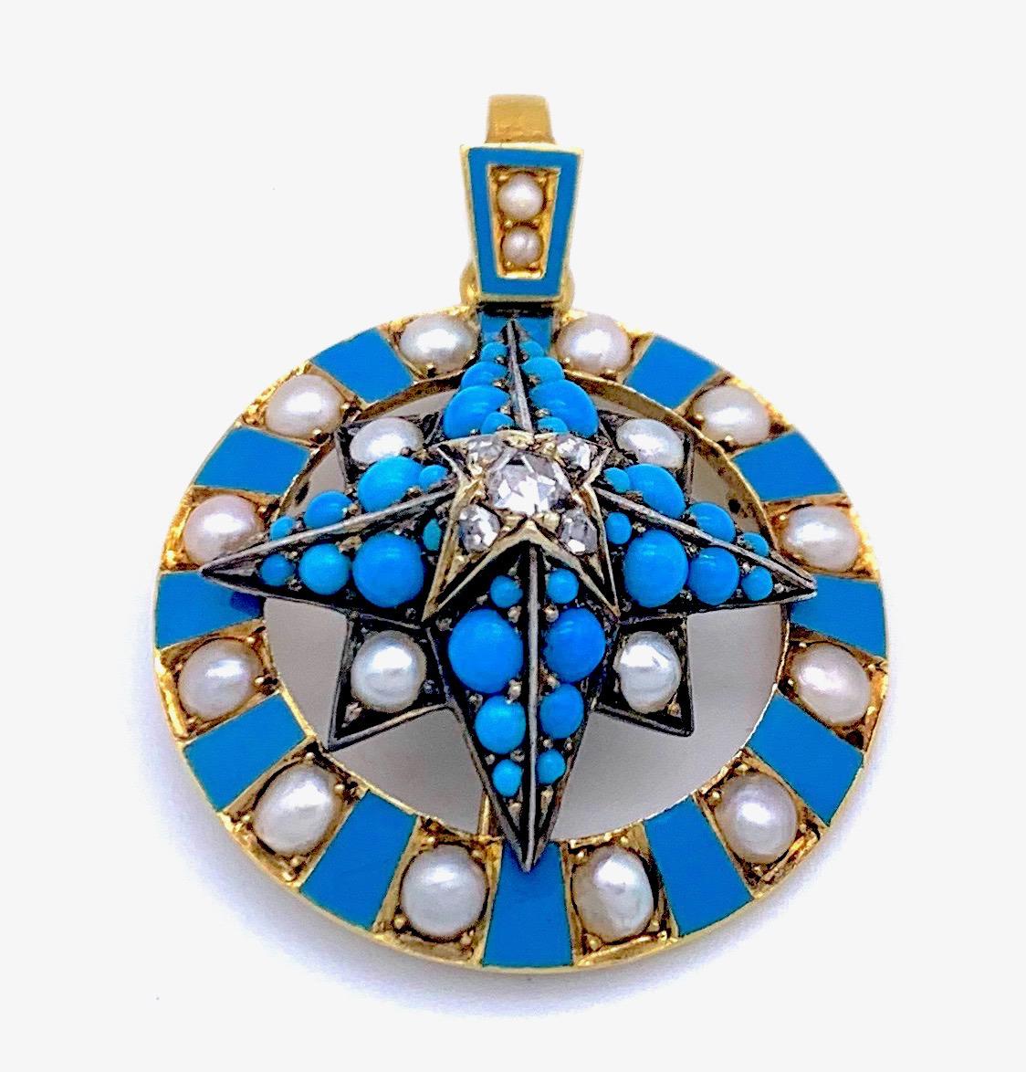 Women's Victorian Compass Windrose Diamond 15k Gold Oriental Pearl Turquoise Cabochon For Sale