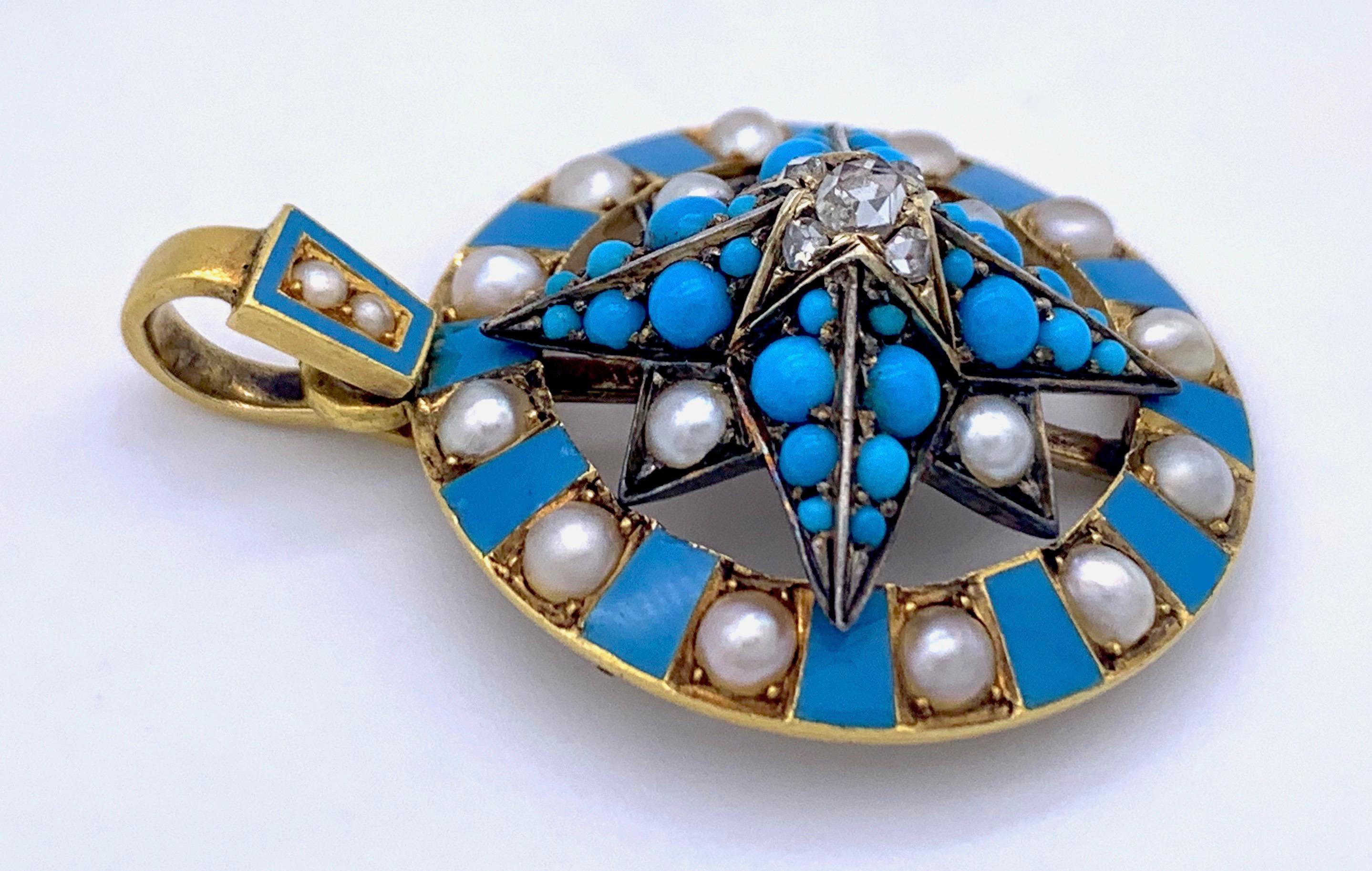 Victorian Compass Windrose Diamond 15k Gold Oriental Pearl Turquoise Cabochon For Sale 1