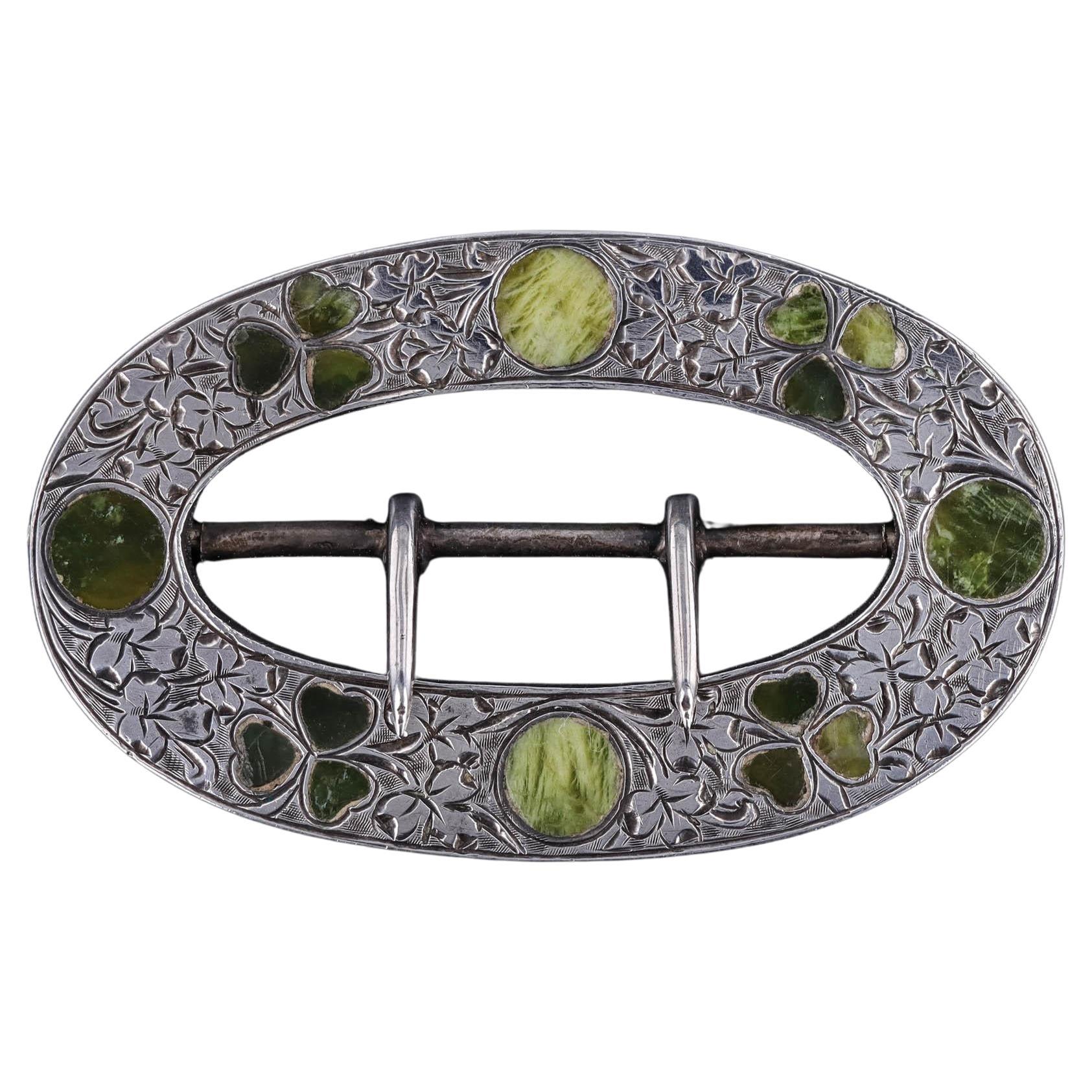 Victorian Connemara Marble Buckle of Sterling Silver