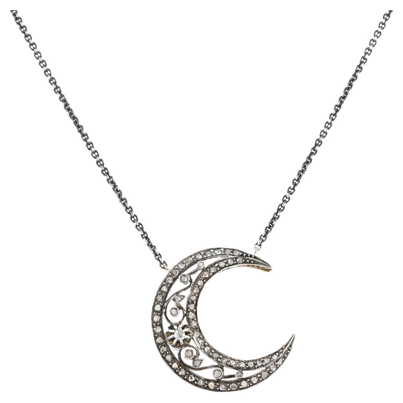 Victorian Conversion Diamond Crescent Moon Necklace For Sale
