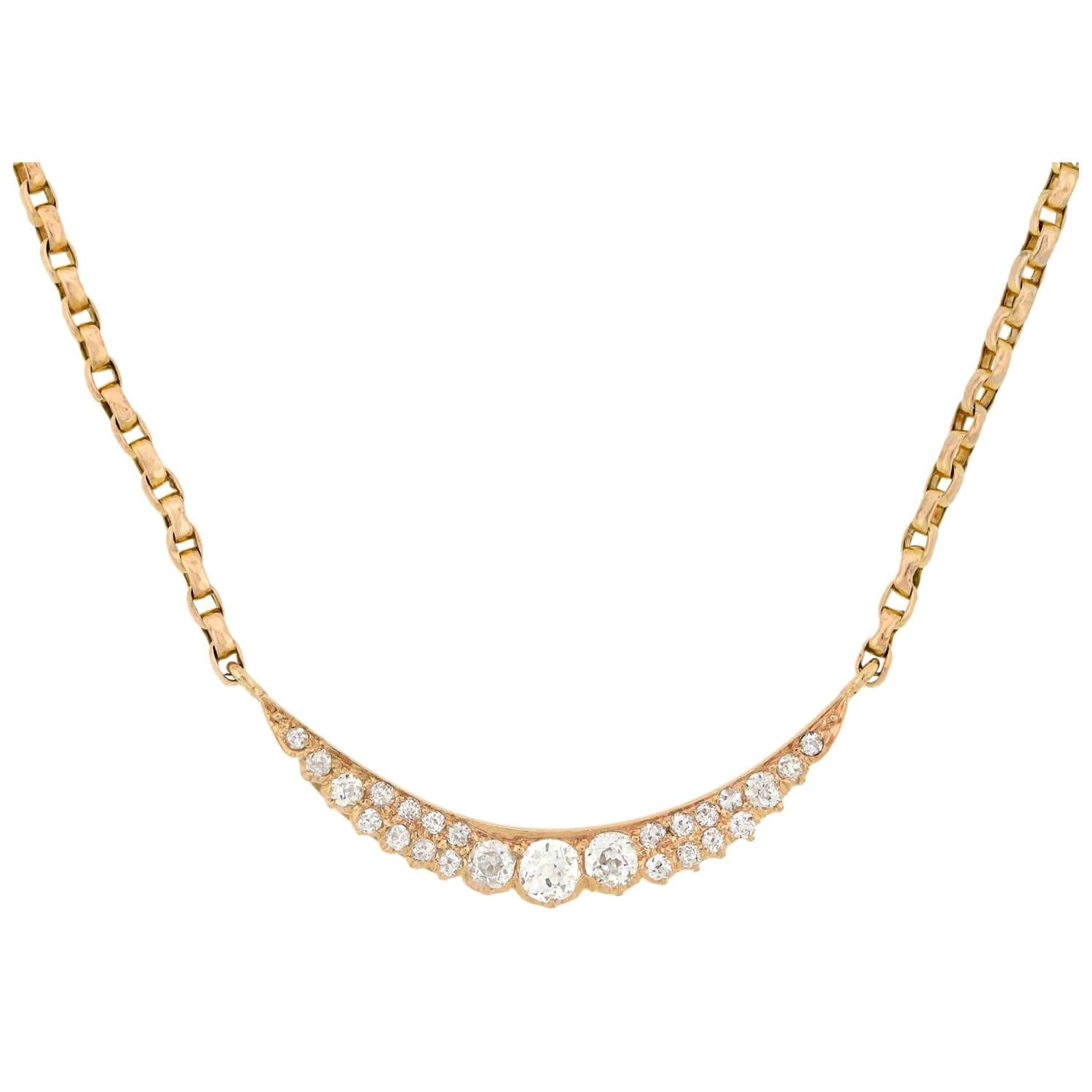 Victorian Conversion Diamond Sliver Crescent Pendant Necklace 0.90ct