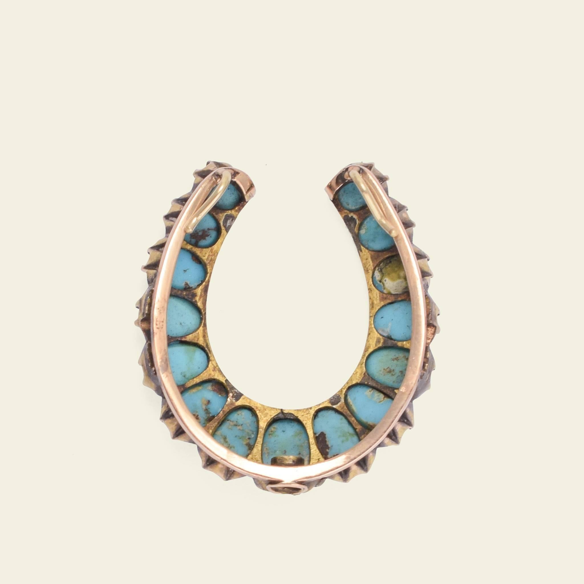 Women's or Men's Victorian Convertible Turquoise Horseshoe Brooch and Pendant