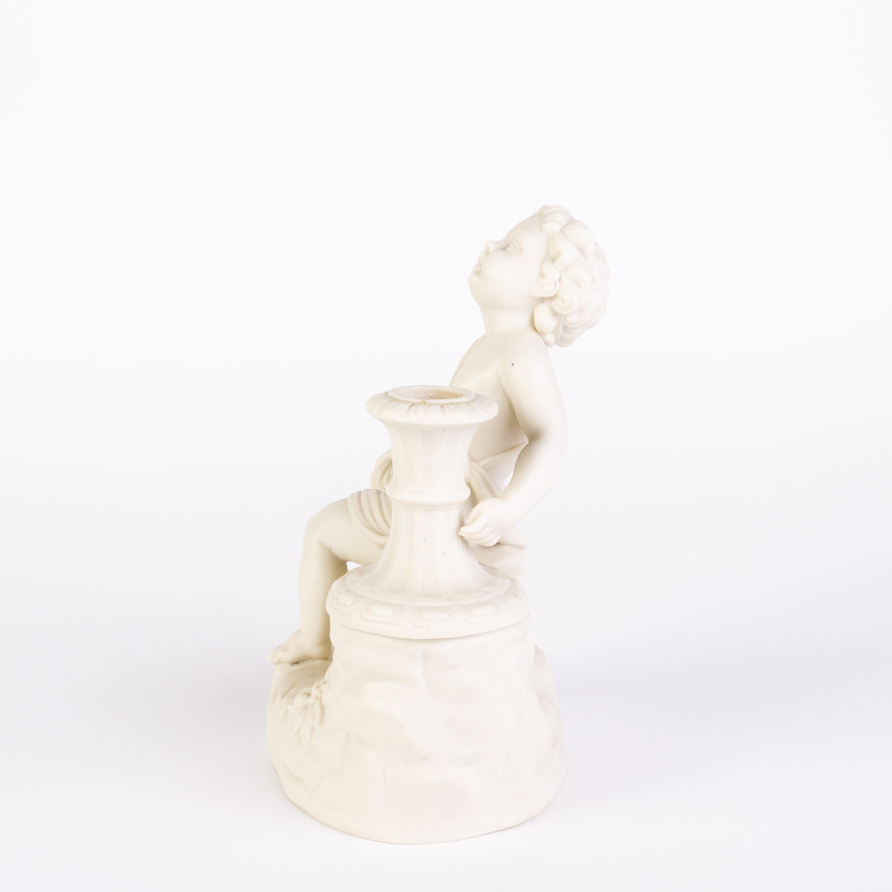 Porcelain Victorian Copeland Parian Ware Statue of a Putto Candle Holder 19th Century For Sale