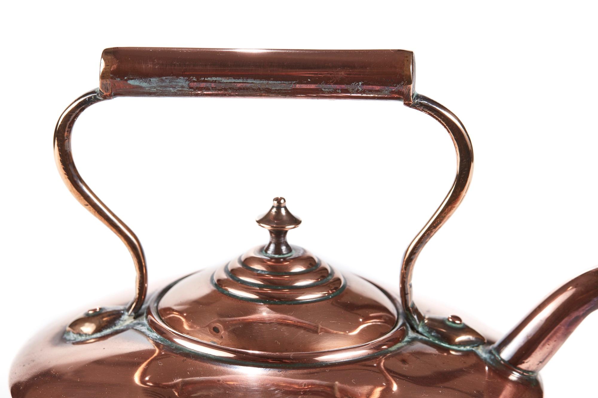 Unusual Victorian copper kettle with a nice shaped handle and spout. 

Lovely original condition.

1860
Measures: H22cm
W21cm
D21cm
Height of body 7cm.


 