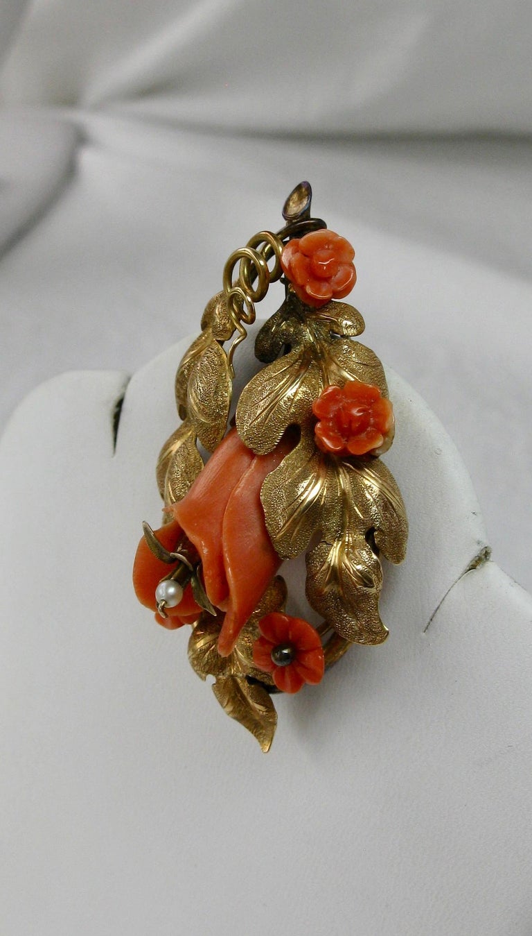 Victorian Coral 14 Karat Gold Earrings Brooch Flower Leaf Motif, circa 1870 For Sale 5