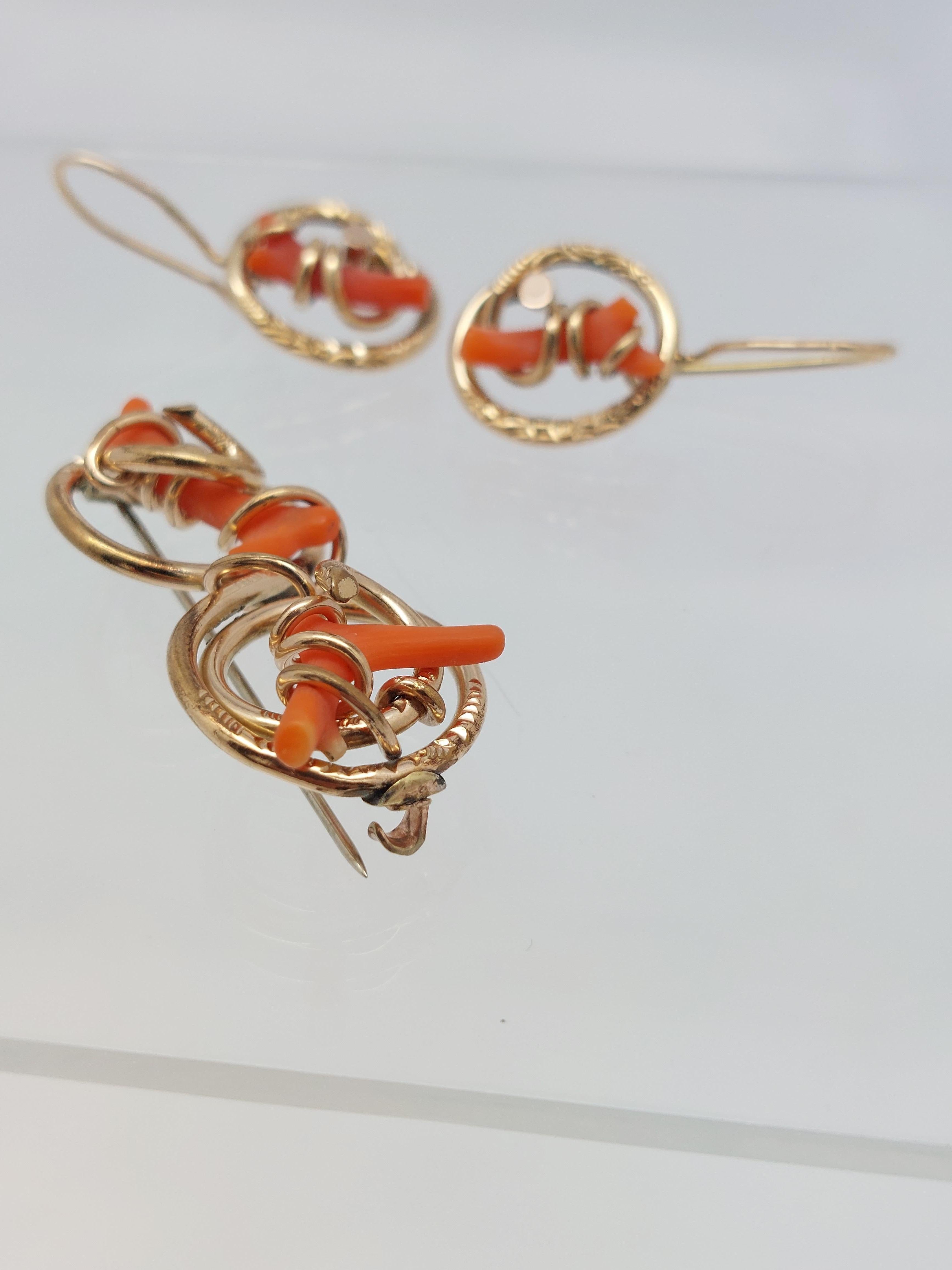 Victorian Coral 14KT Earrings & Pin Set For Sale 6