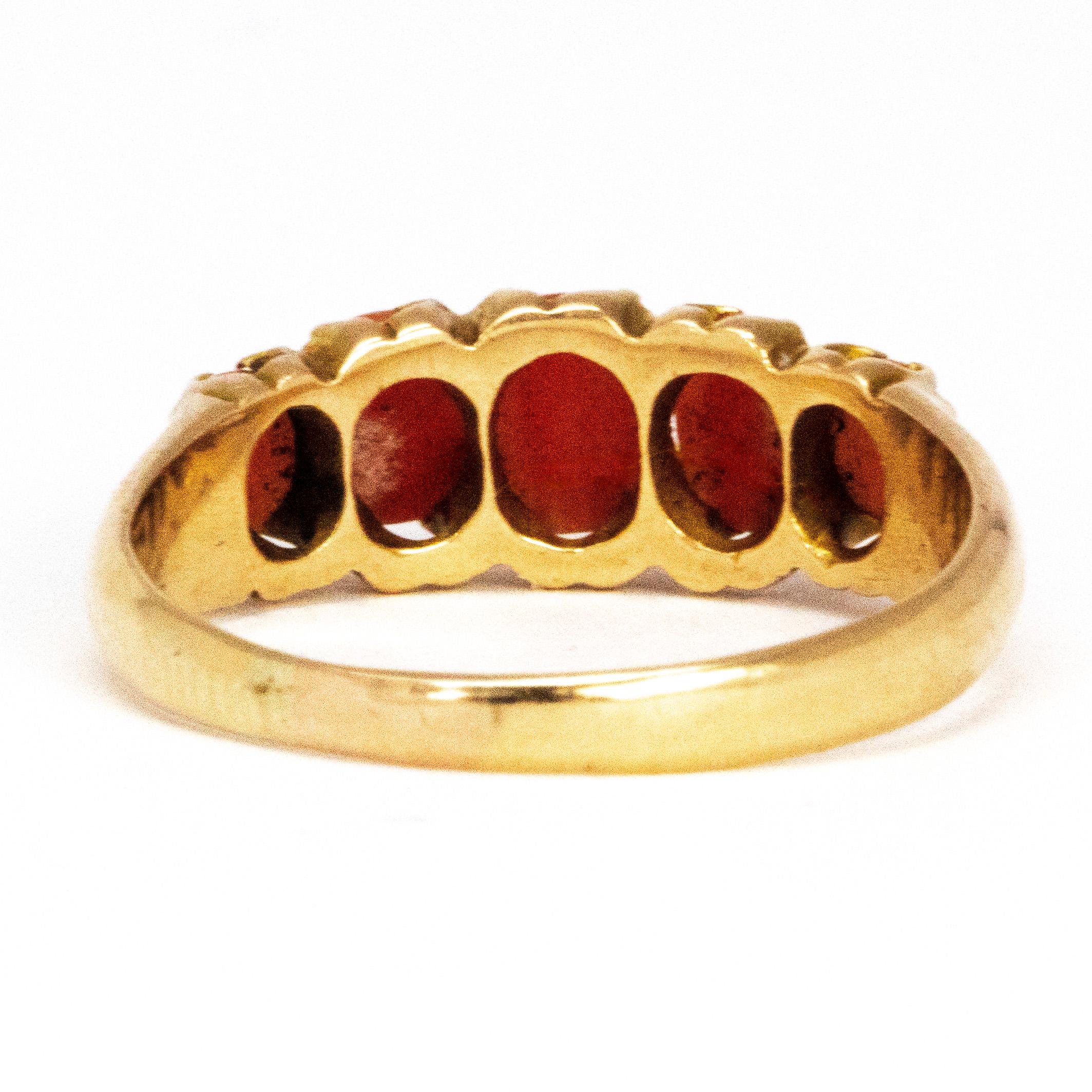 Women's or Men's Victorian Coral and 15 Carat Gold Five-Stone Ring For Sale
