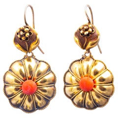 Antique Victorian Coral and 18 Carat Gold Drop Earrings