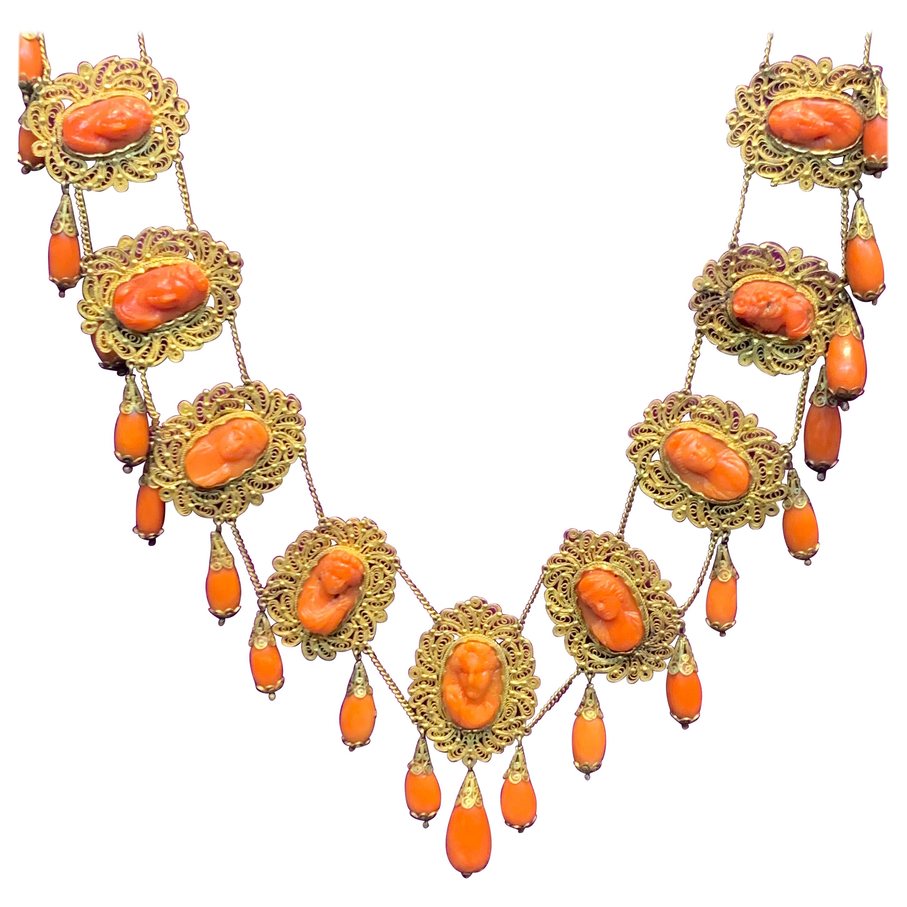 Victorian Coral and Gold Cameo Drop Necklace For Sale