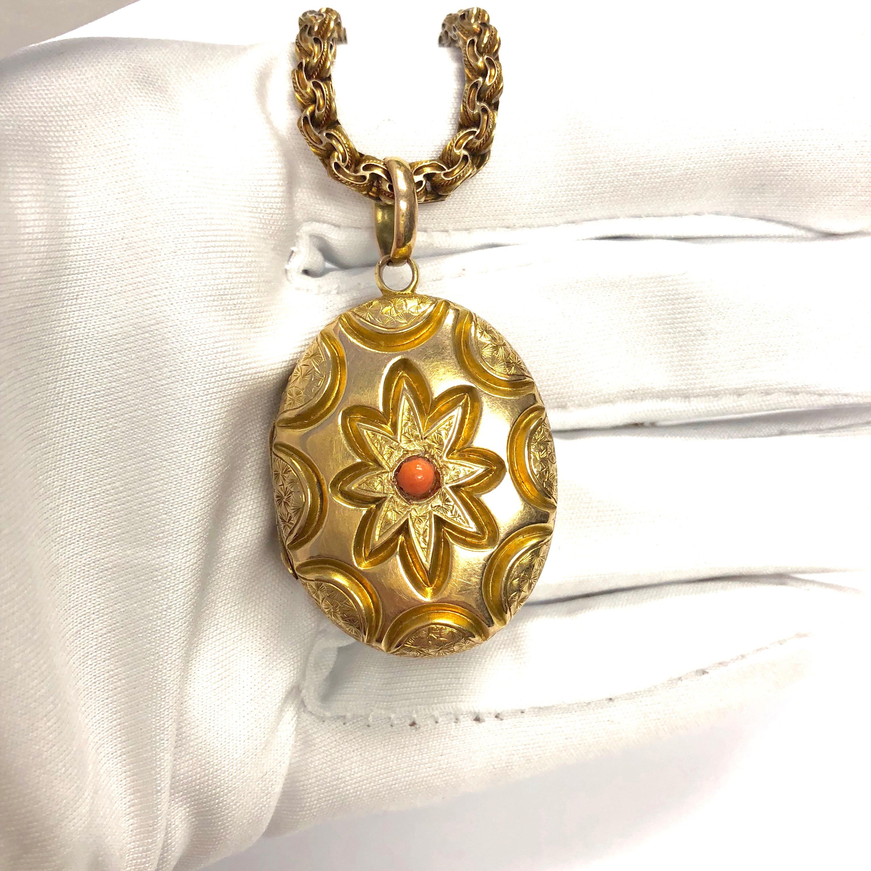 Victorian Coral and Gold Locket Pendant Necklace In Good Condition In Agoura Hills, CA