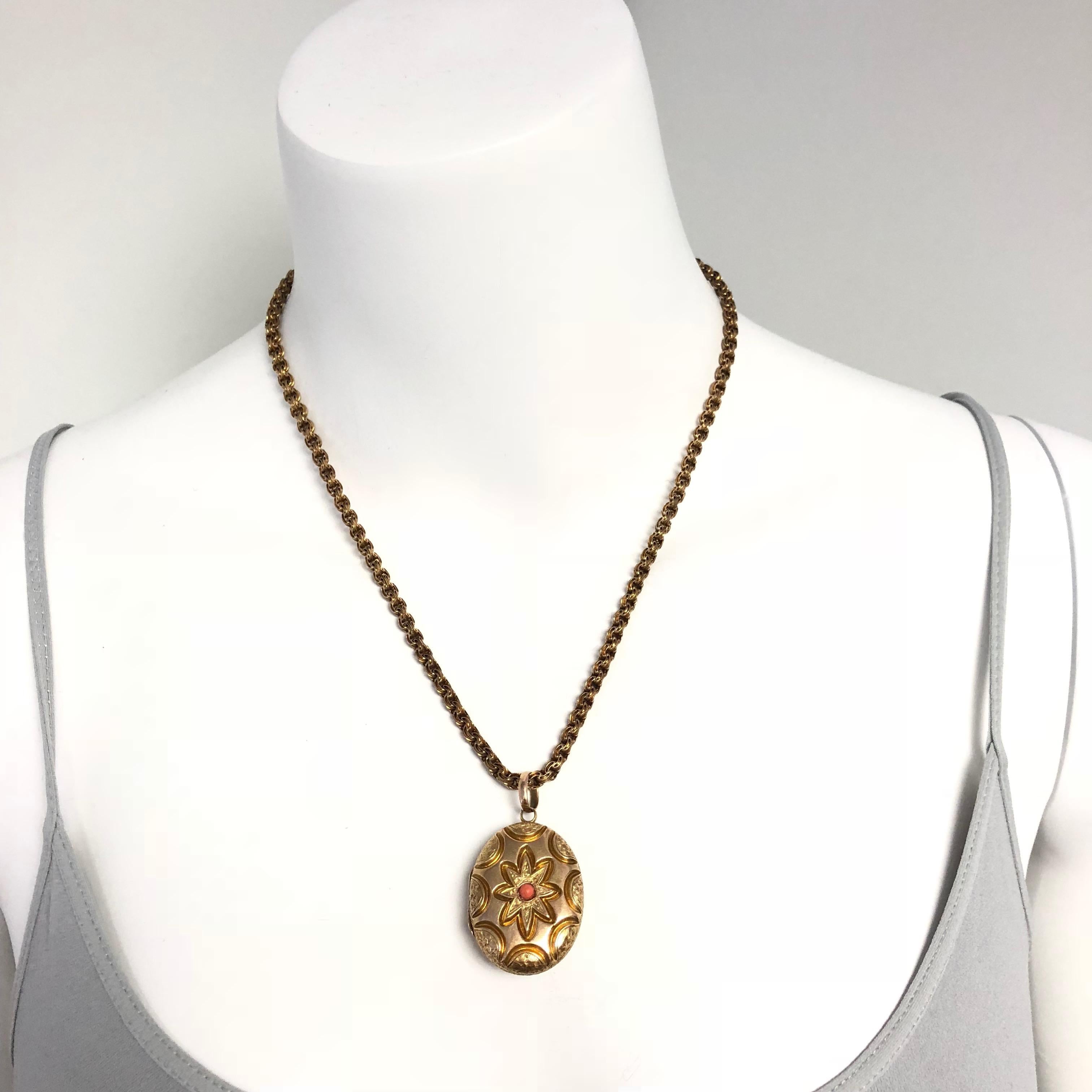 Women's or Men's Victorian Coral and Gold Locket Pendant Necklace