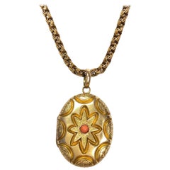 Victorian Coral and Gold Locket Pendant Necklace