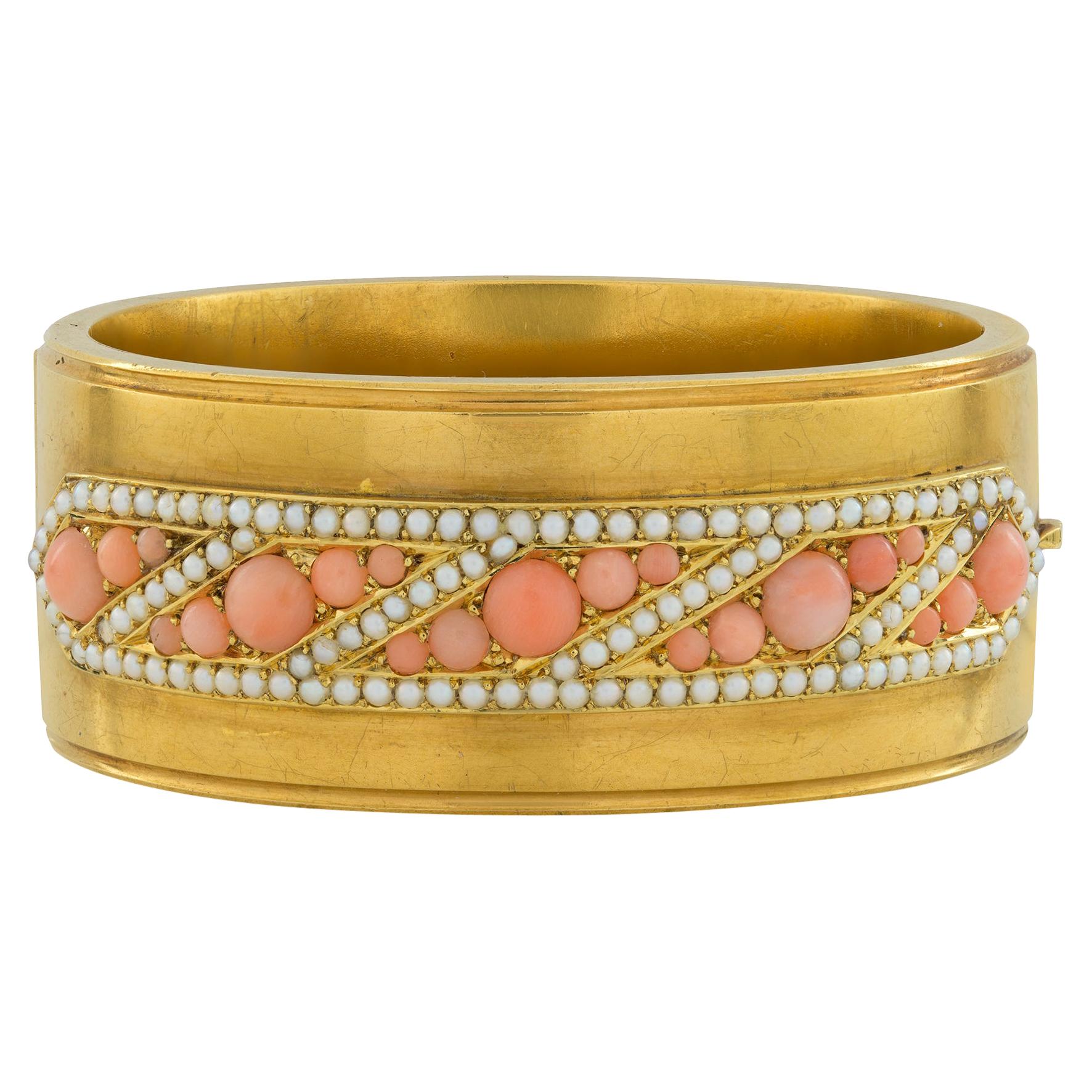 Victorian Coral and Pearl Gold Bangle For Sale