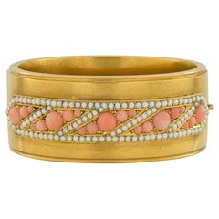 Antique Victorian Coral and Pearl Gold Bangle
