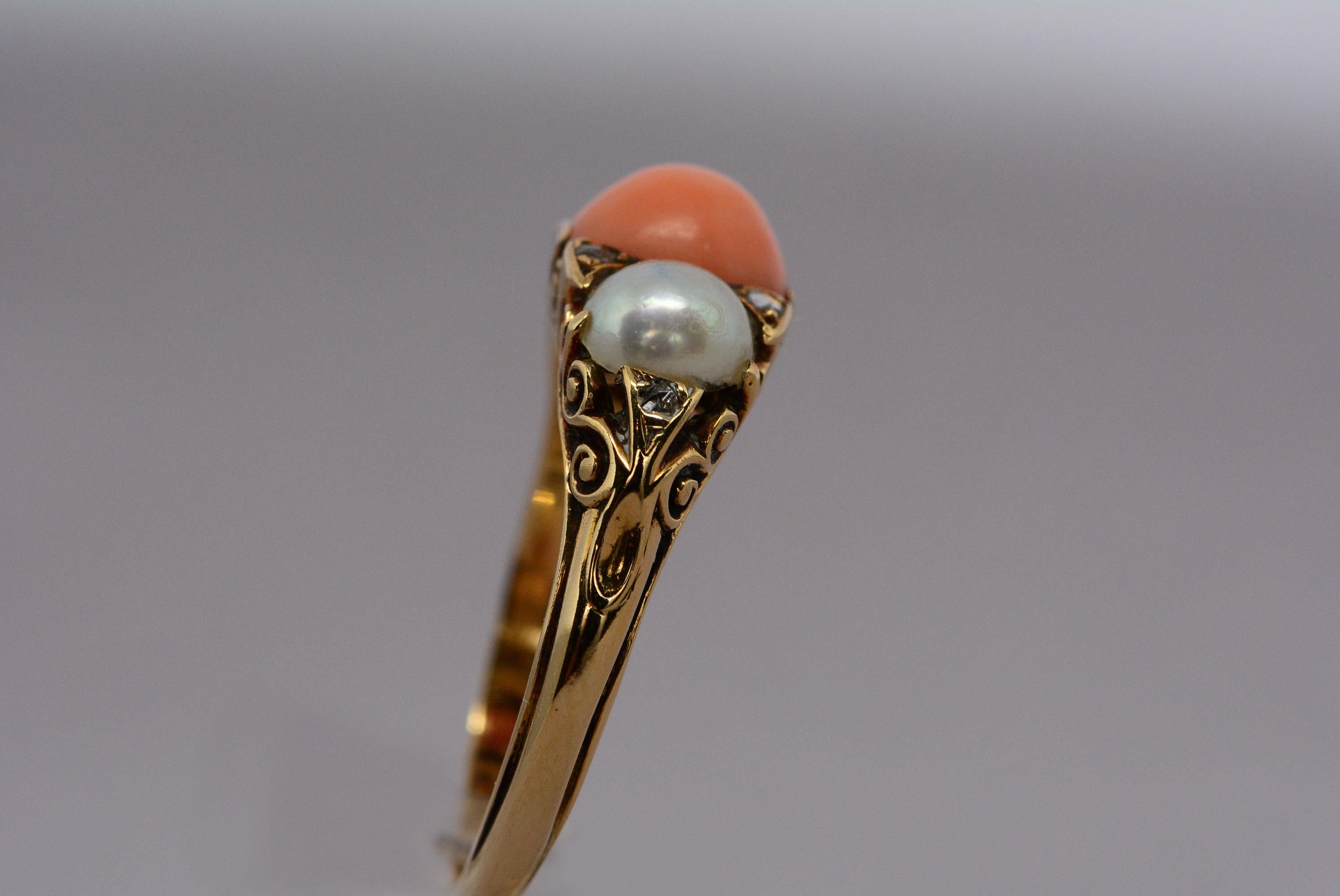 High Victorian Victorian Coral and Pearl Half Hoop 18 Karat Yellow Gold Hand Carved Ring For Sale