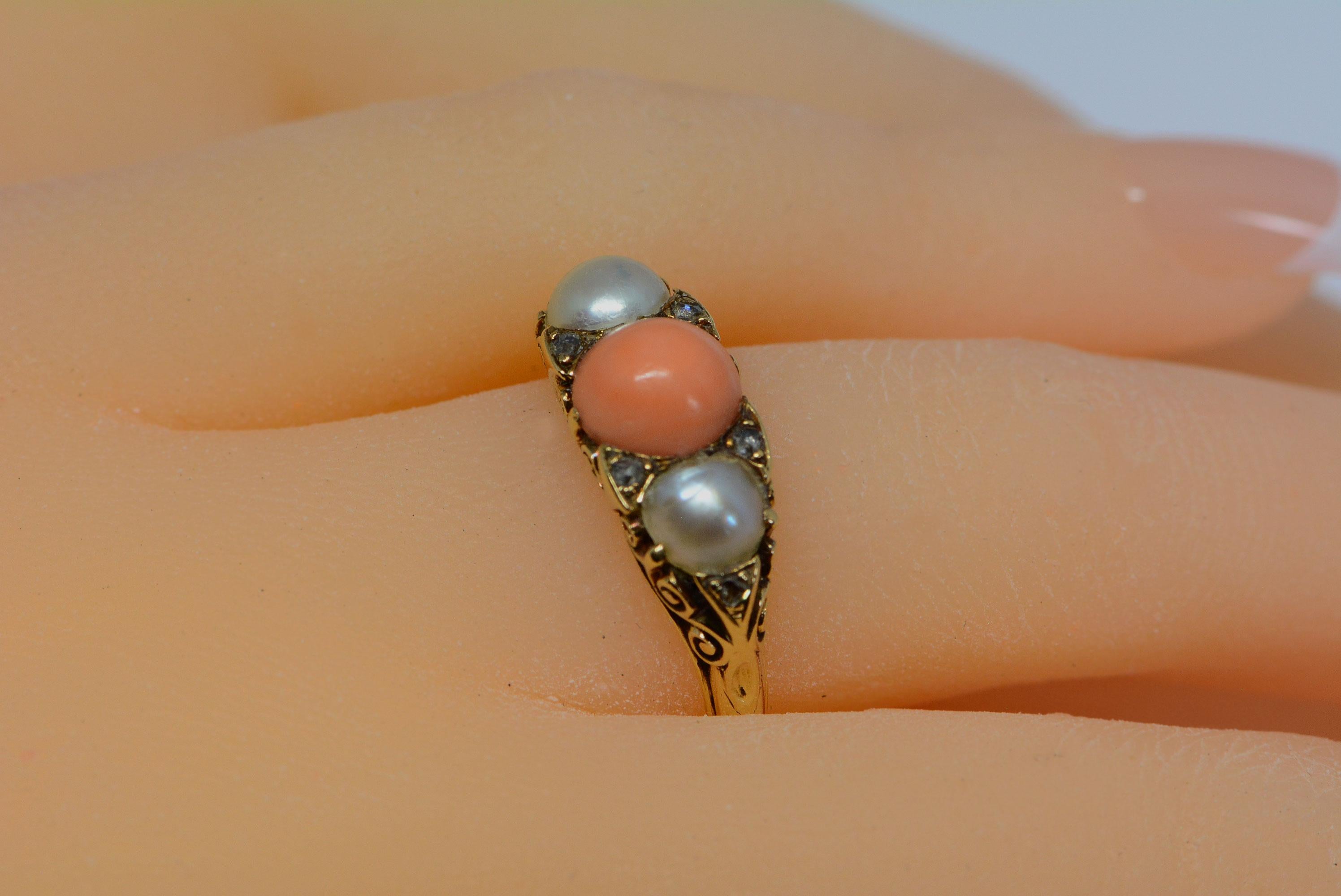 Women's Victorian Coral and Pearl Half Hoop 18 Karat Yellow Gold Hand Carved Ring For Sale