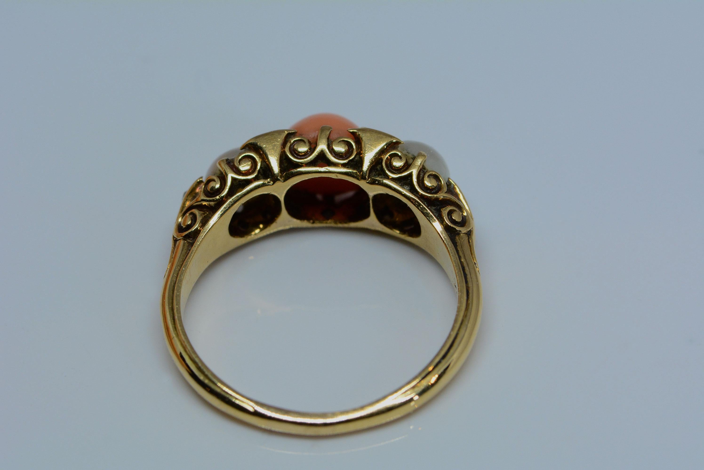 Victorian Coral and Pearl Half Hoop 18 Karat Yellow Gold Hand Carved Ring For Sale 1