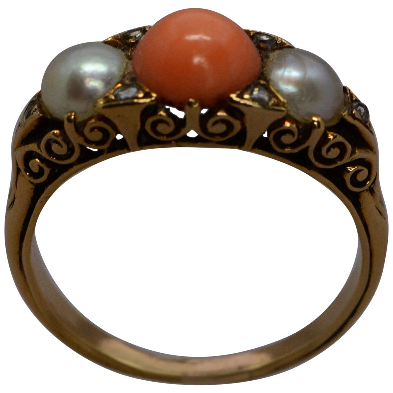 Victorian Coral and Pearl Half Hoop 18 Karat Yellow Gold Hand Carved Ring For Sale