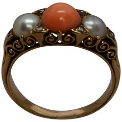 Victorian Coral and Pearl Half Hoop 18 Karat Yellow Gold Hand Carved Ring