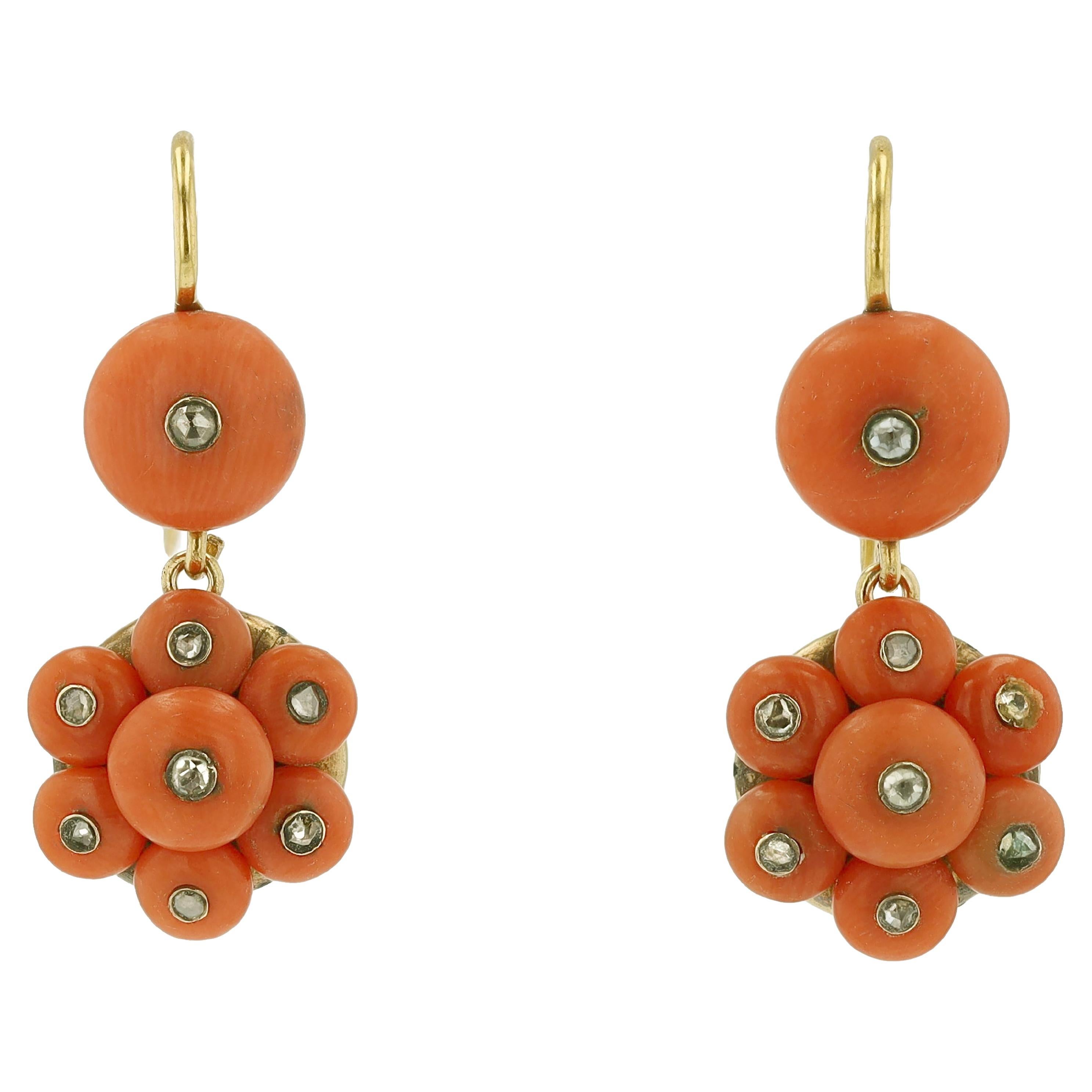Victorian Coral and Rose Cut Diamond Drop Earrings For Sale