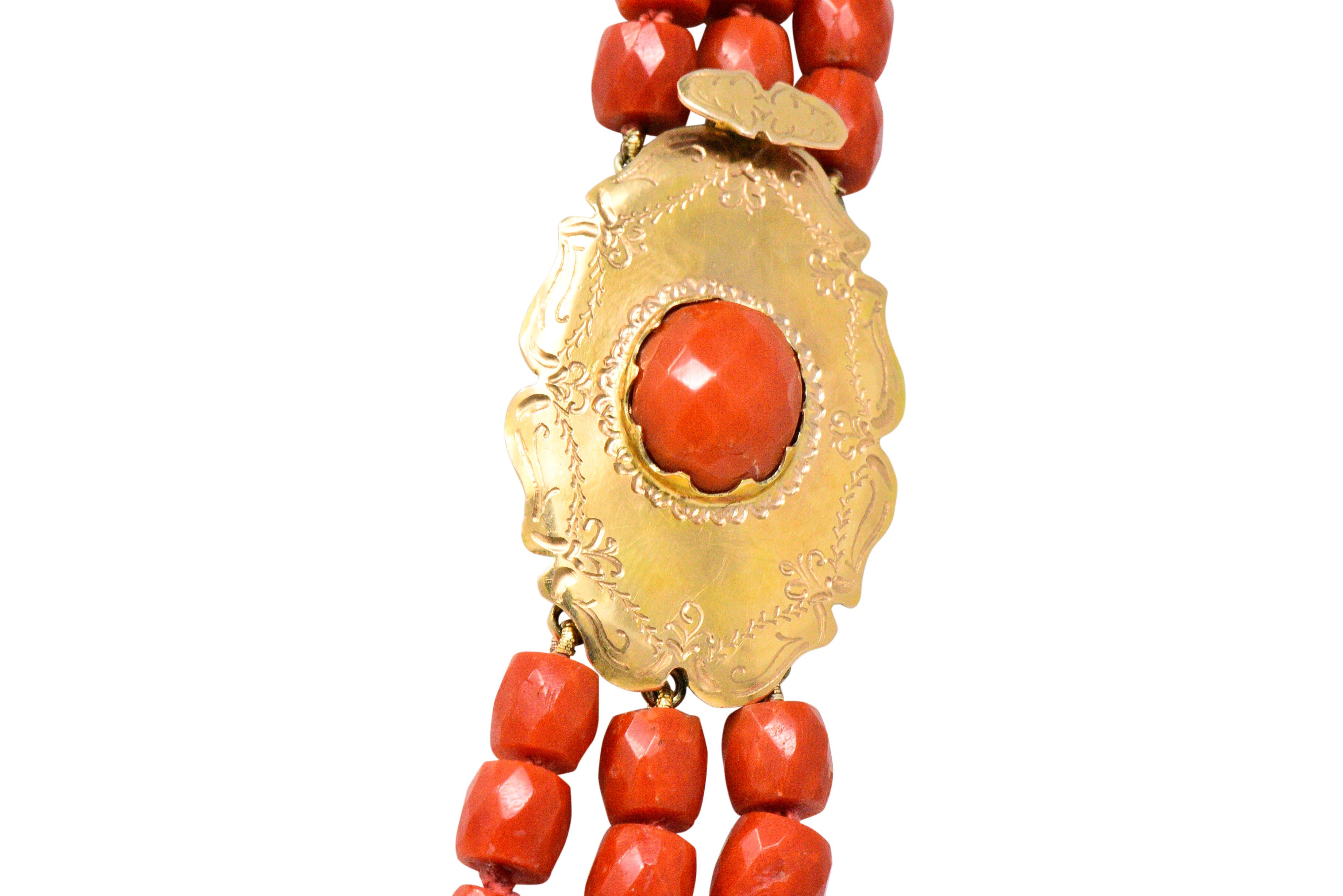 Victorian Coral Bead 12 Karat Gold Triple Strand Necklace GIA 1