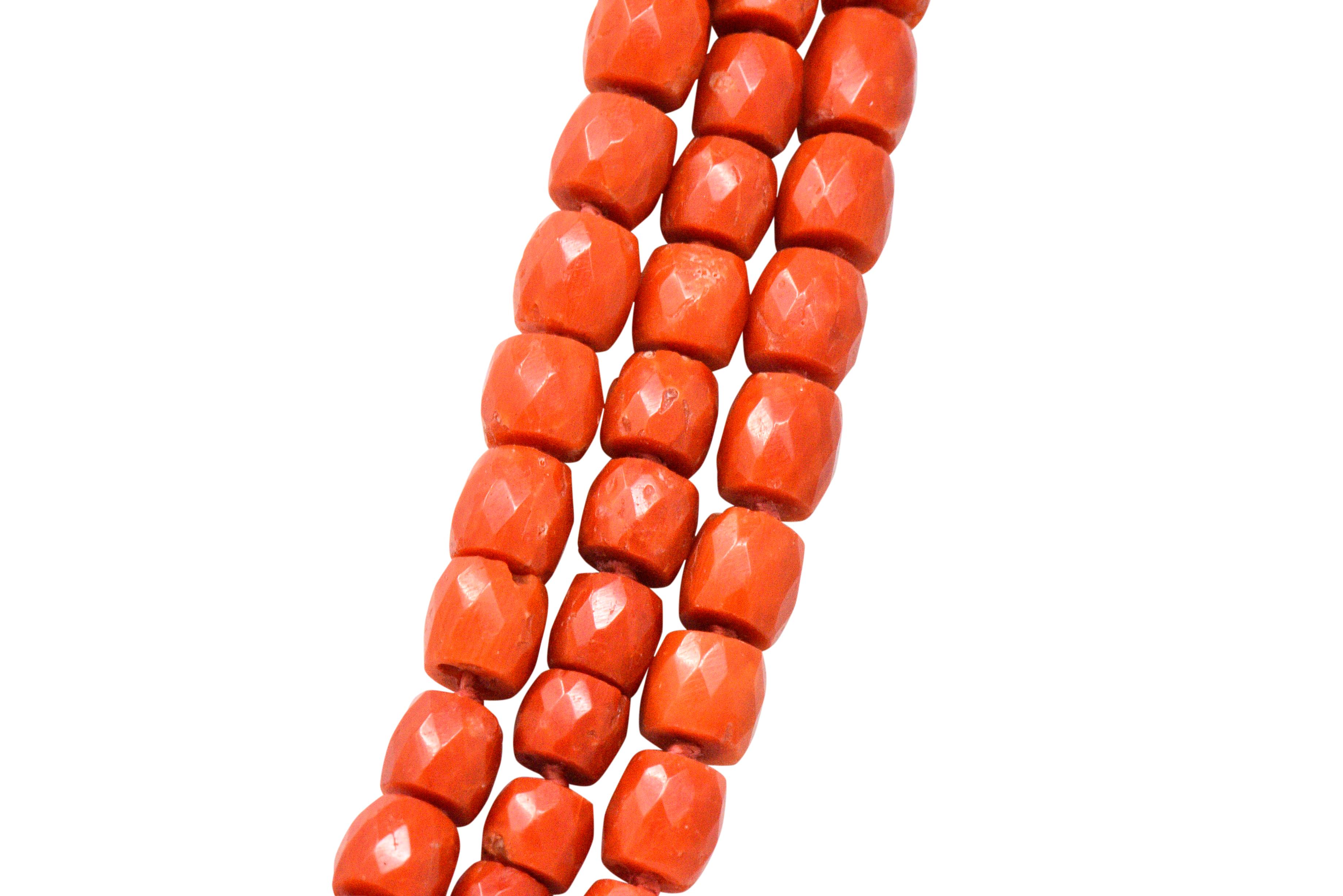 Victorian Coral Bead 12 Karat Gold Triple Strand Necklace GIA 2