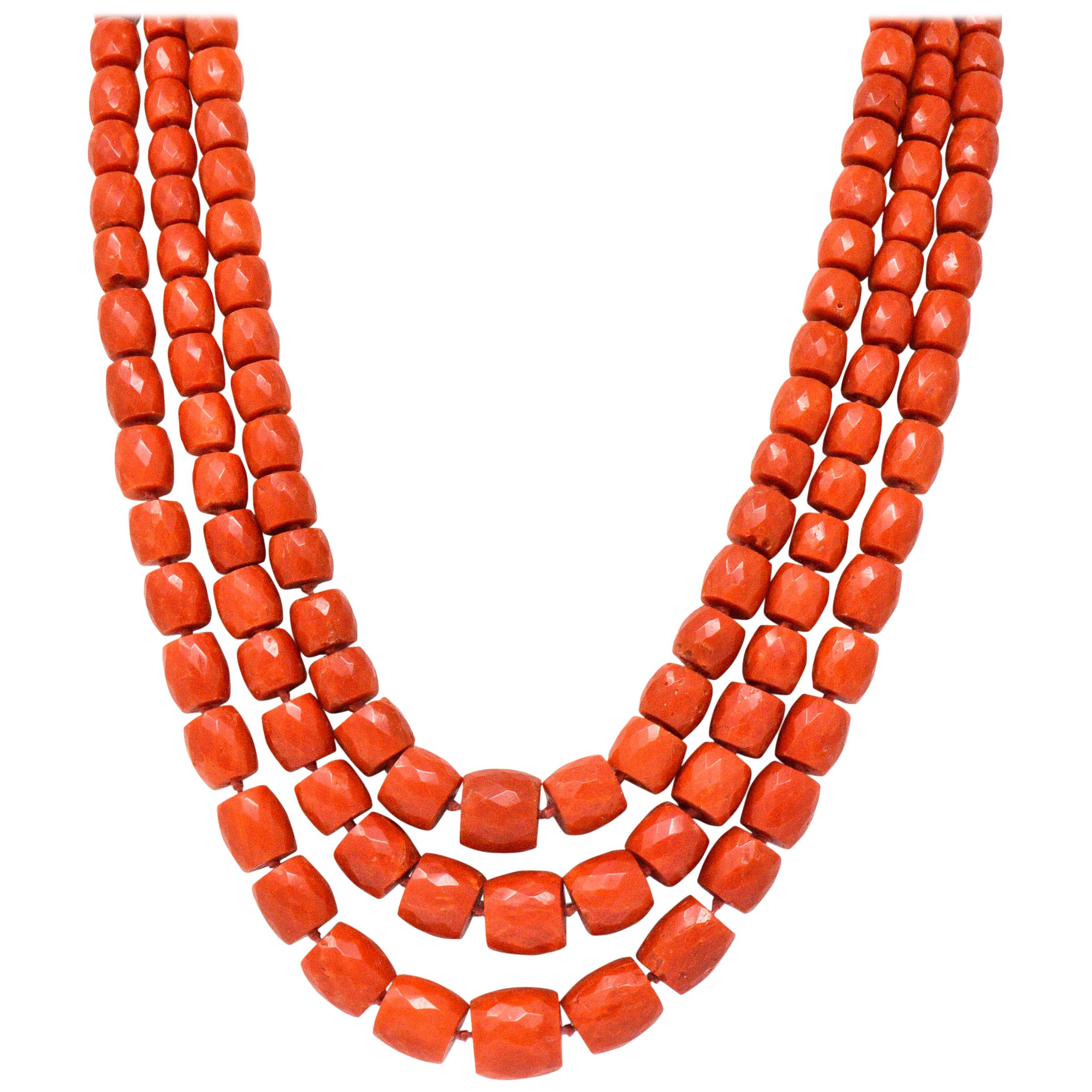 Victorian Coral Bead 12 Karat Gold Triple Strand Necklace GIA