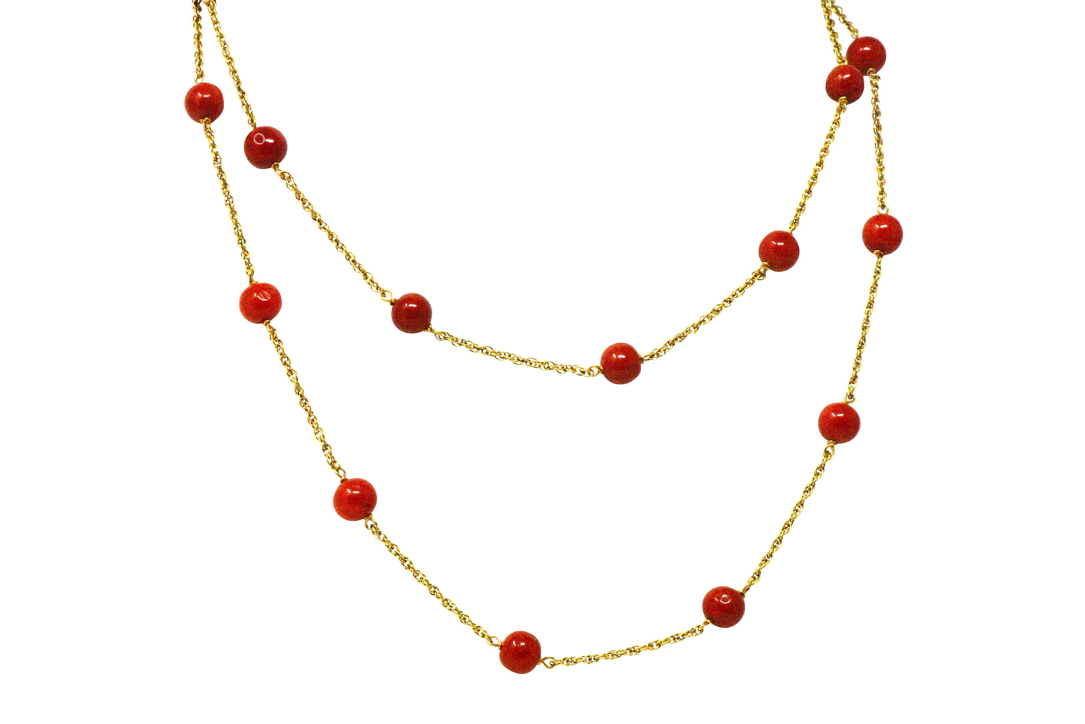 Featuring 23 near-round coral beads, measuring approximately 7.0 mm, deep reddish orange and very well matched

Twisted rope style chain between the coral beads

Completed by a spring ring clasp

Length: 31 inches

Total Weight: 16.6 Grams

Natural.
