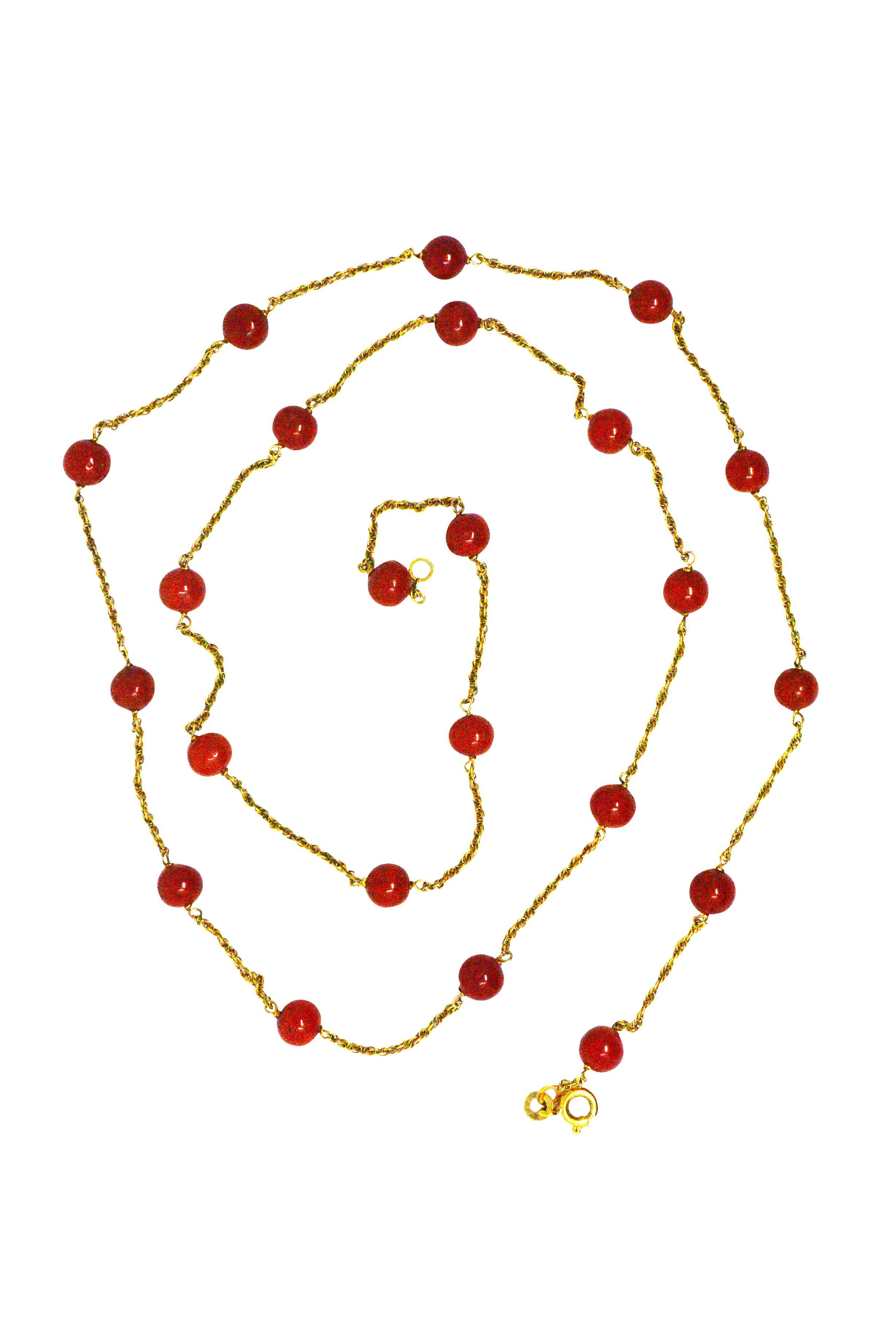 Women's or Men's Victorian Coral Bead 18 Karat Gold Necklace