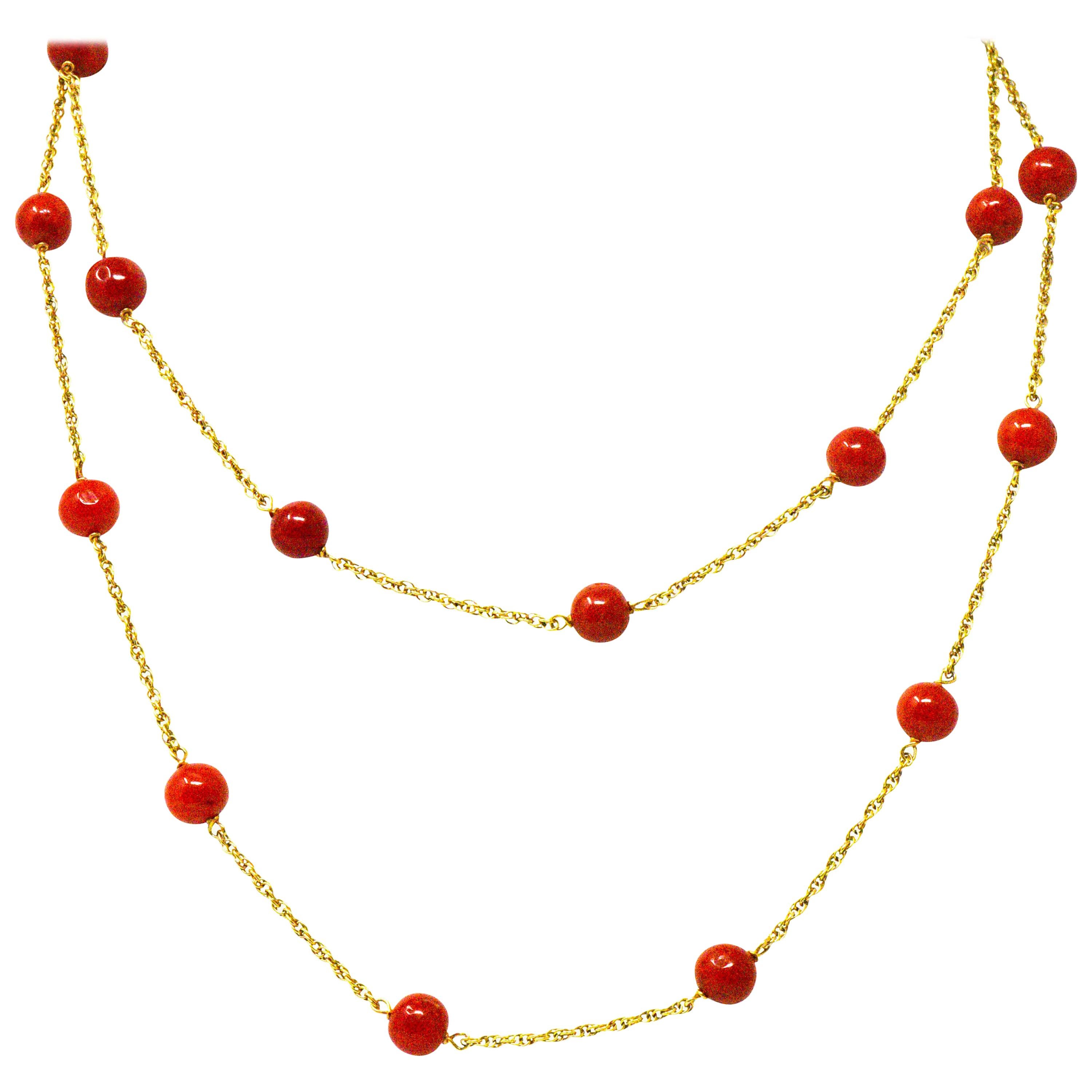 Victorian Coral Bead 18 Karat Gold Necklace